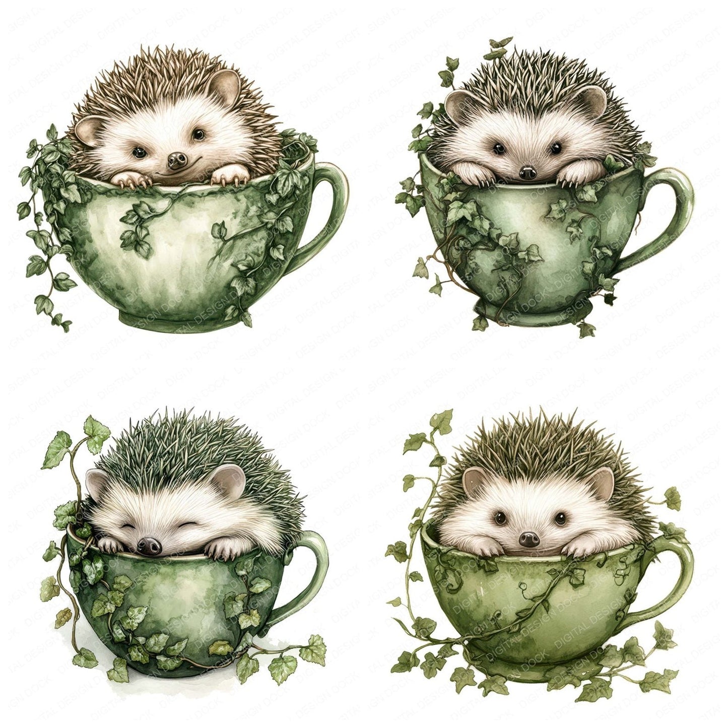 Hedgehog in Ivy Teacup Clipart Set (DDD005829)