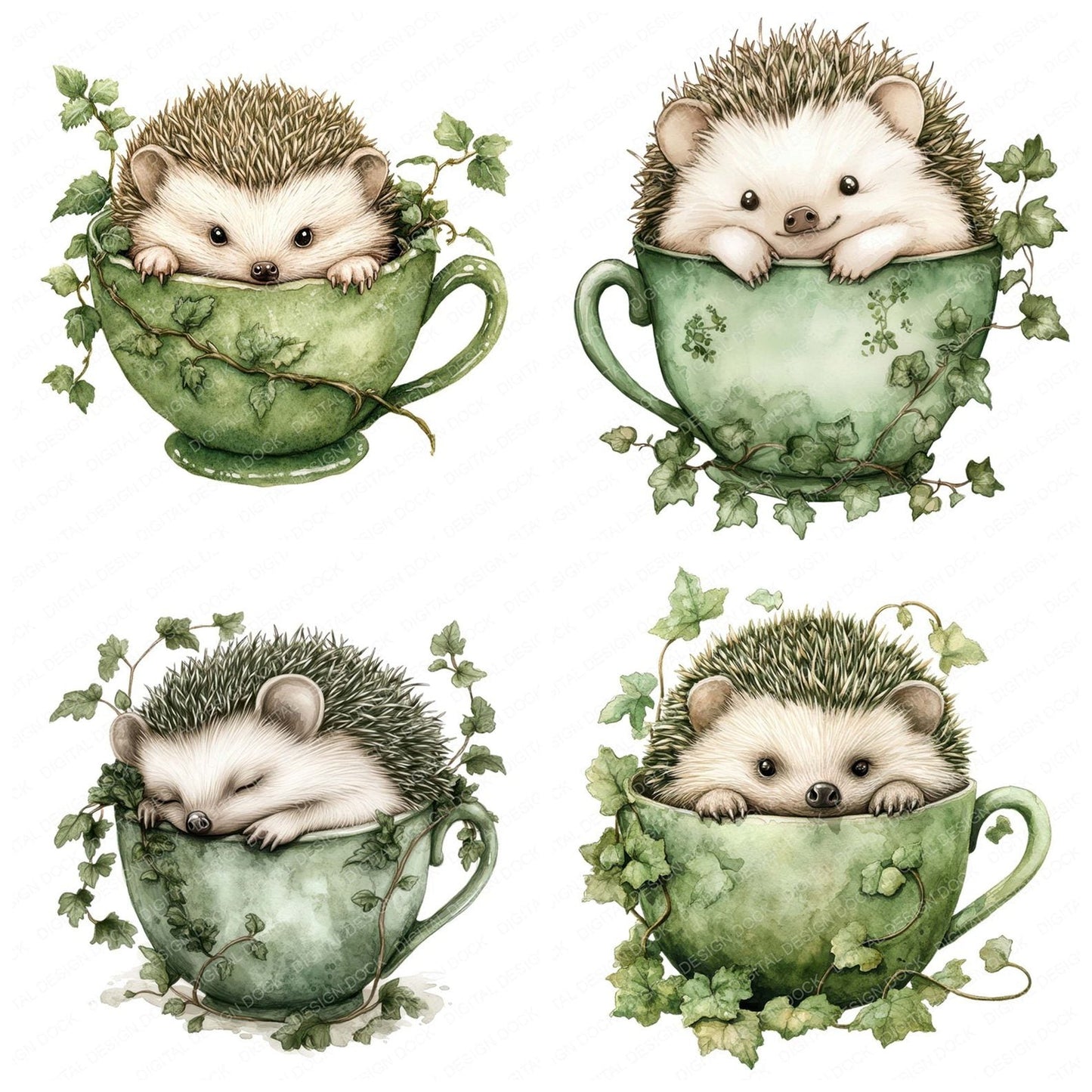 Hedgehog in Ivy Teacup Clipart Set (DDD005829)