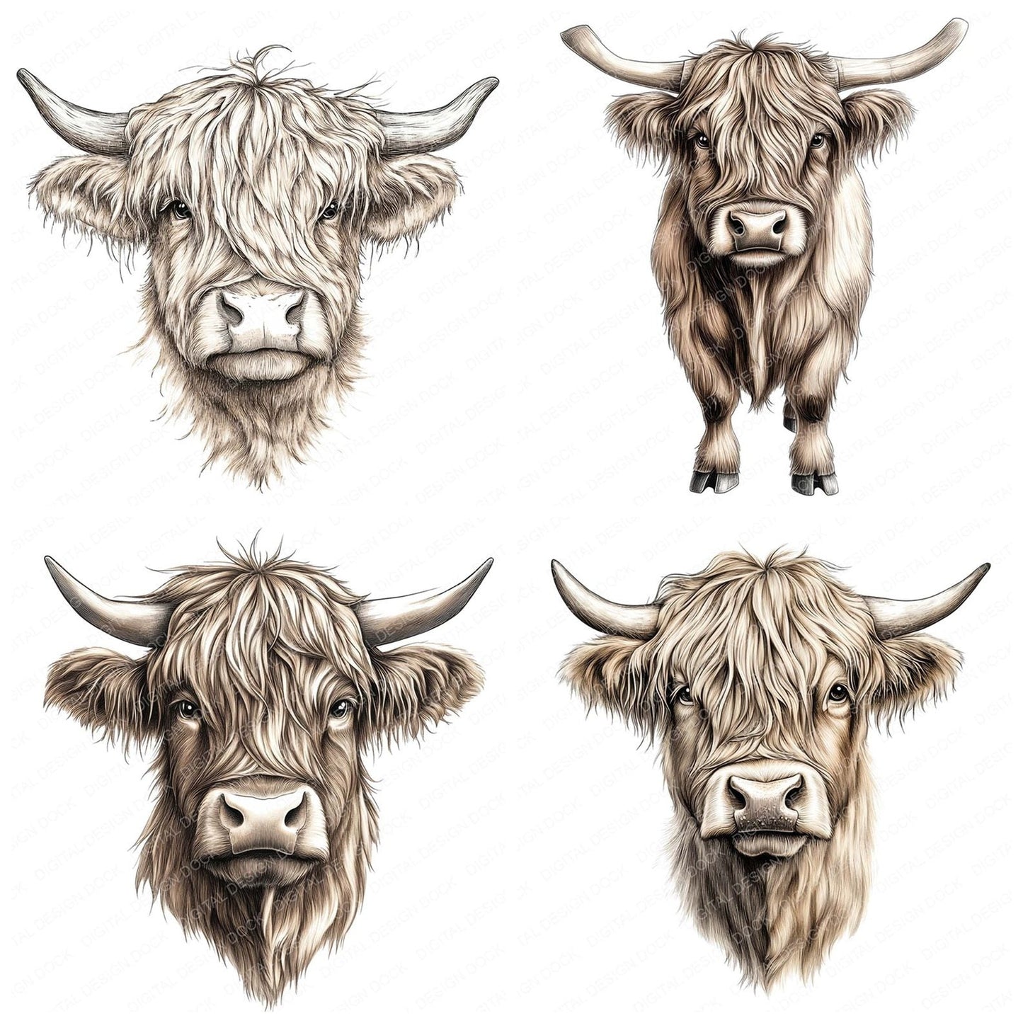 Highland Cow Portrait Clipart Set (DDD005837)