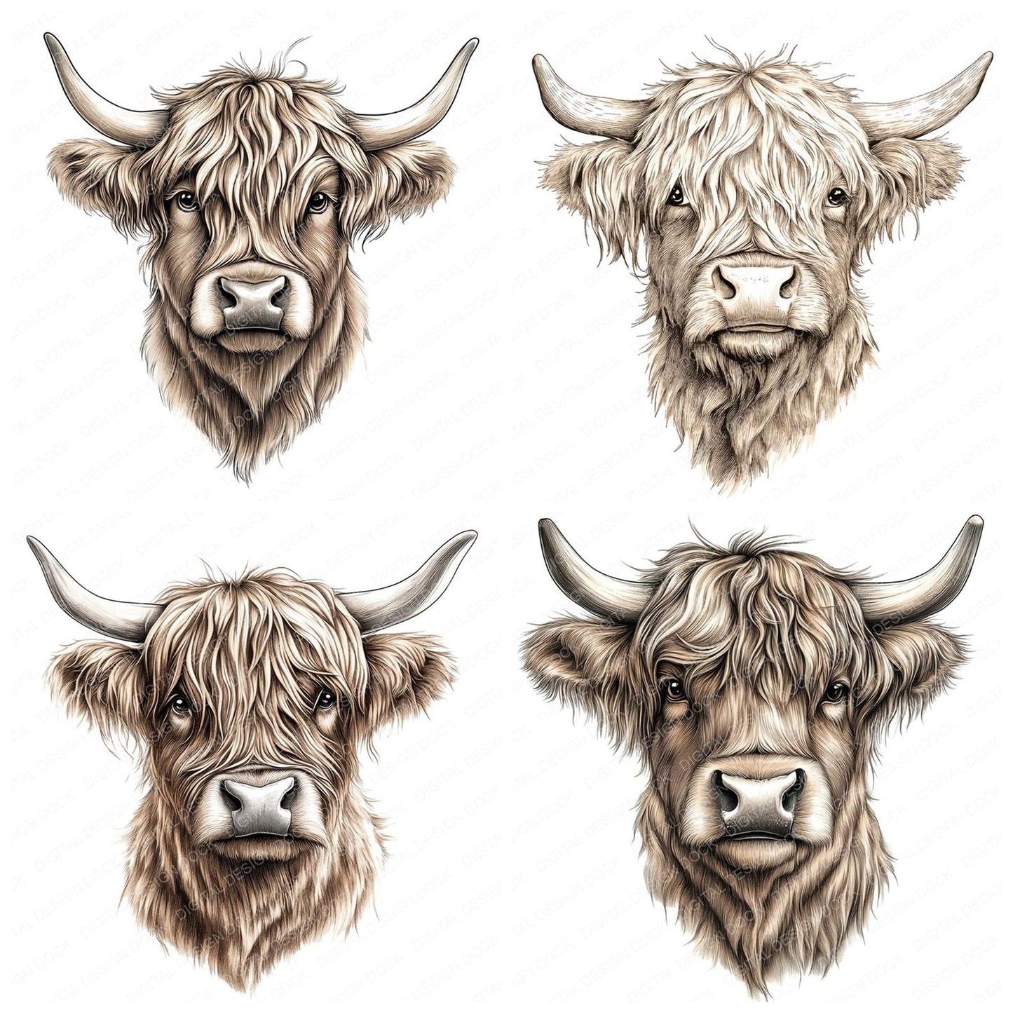 Highland Cow Portrait Clipart Set (DDD005837)