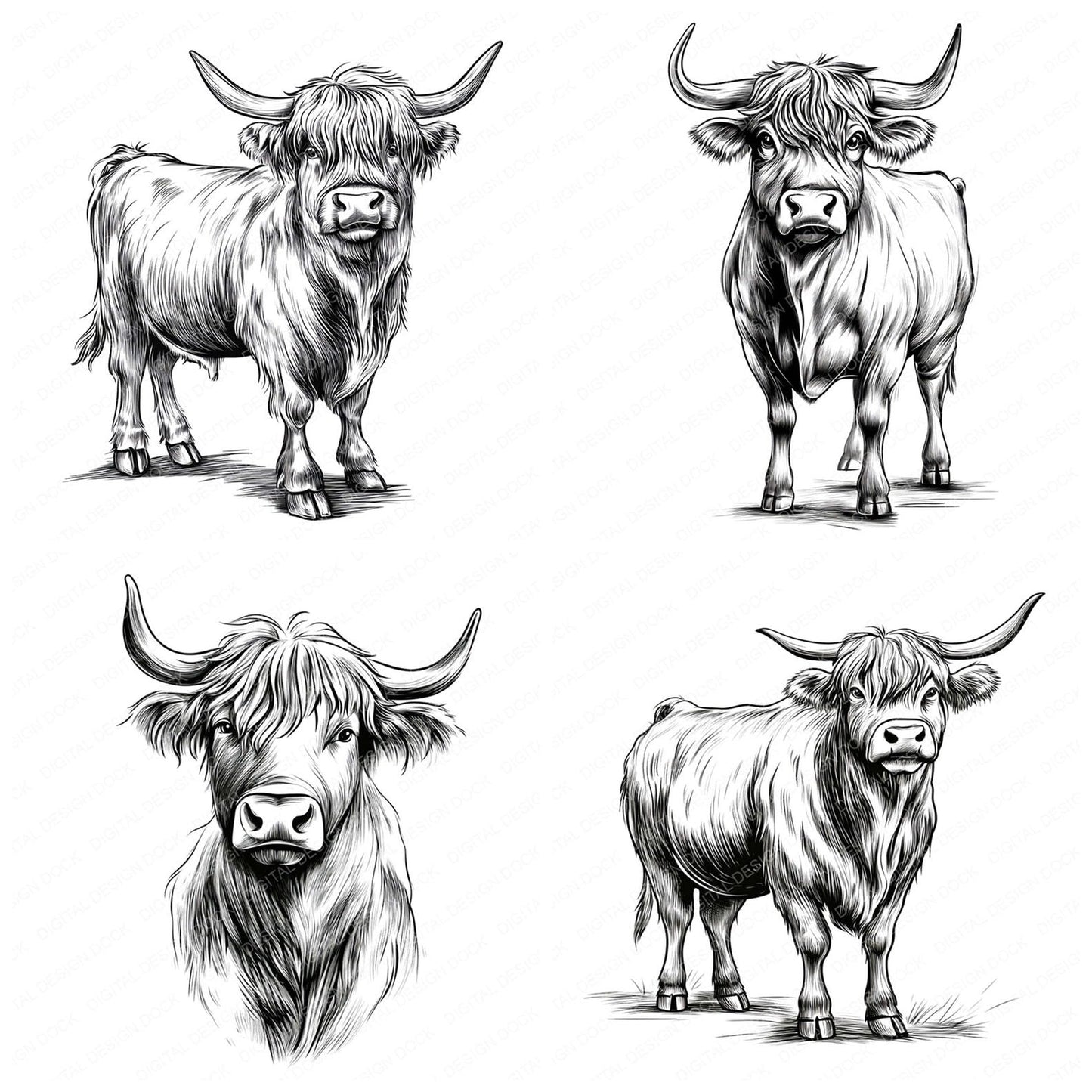 Highland Cow Sketch Clipart Set (DDD005838)