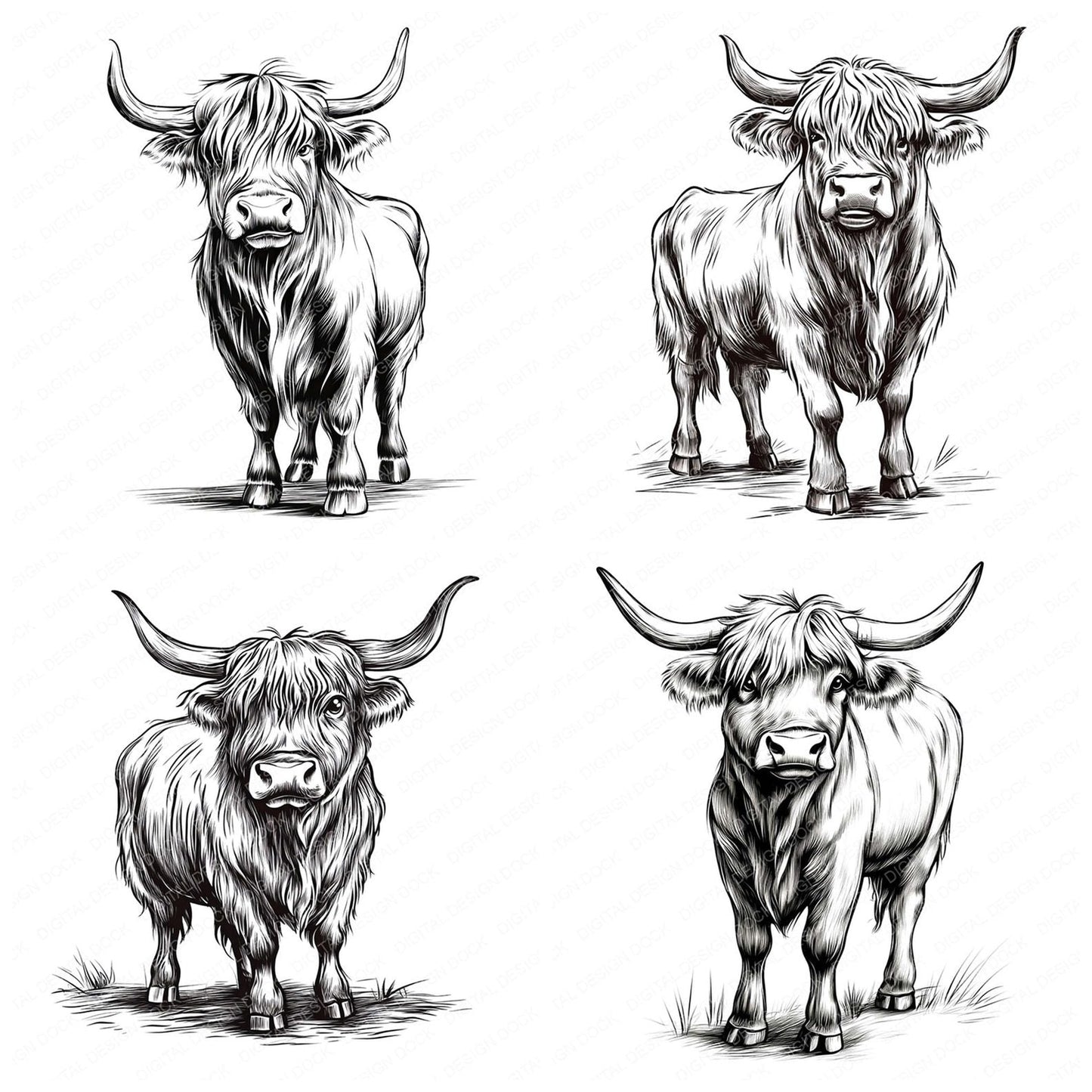 Highland Cow Sketch Clipart Set (DDD005838)
