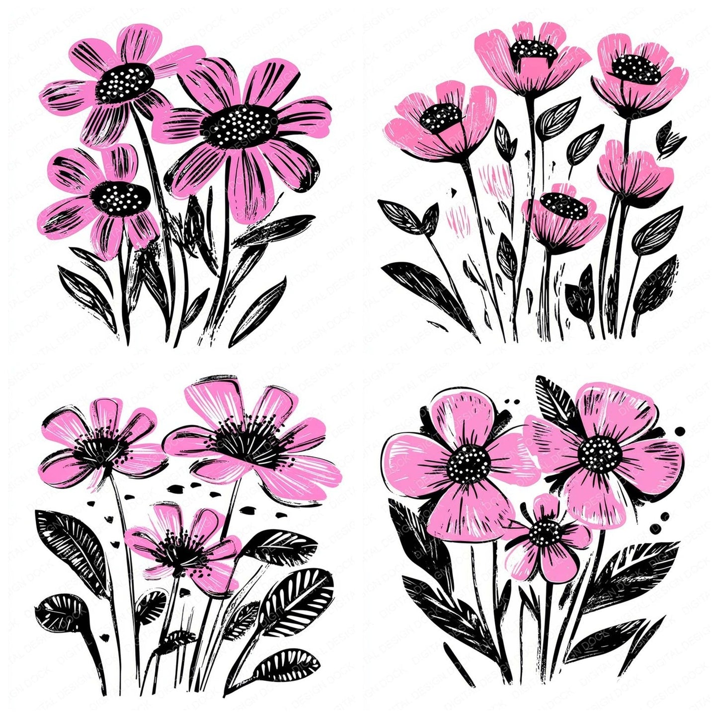 Hot Pink Abstract Flowers Clipart Set (DDD005847)