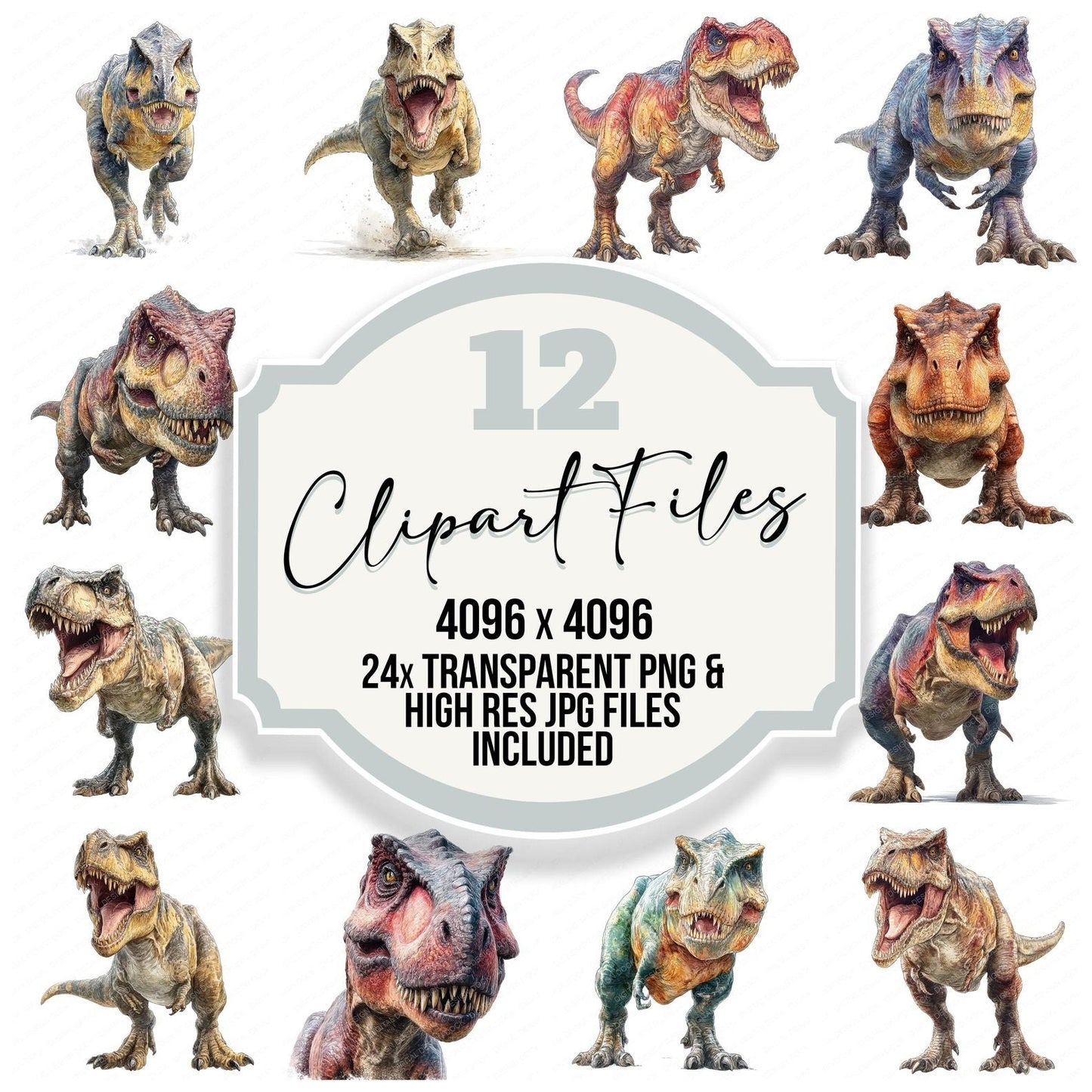 Hyperrealistic Watercolour T Rex Dinosaur Clipart Set (DDD005854)