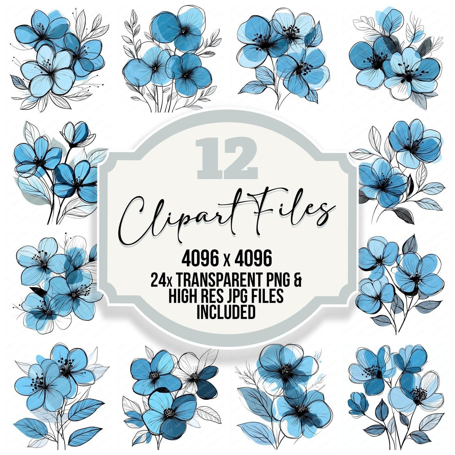 Ice Blue Abstract Flowers Clipart Set (DDD005855)