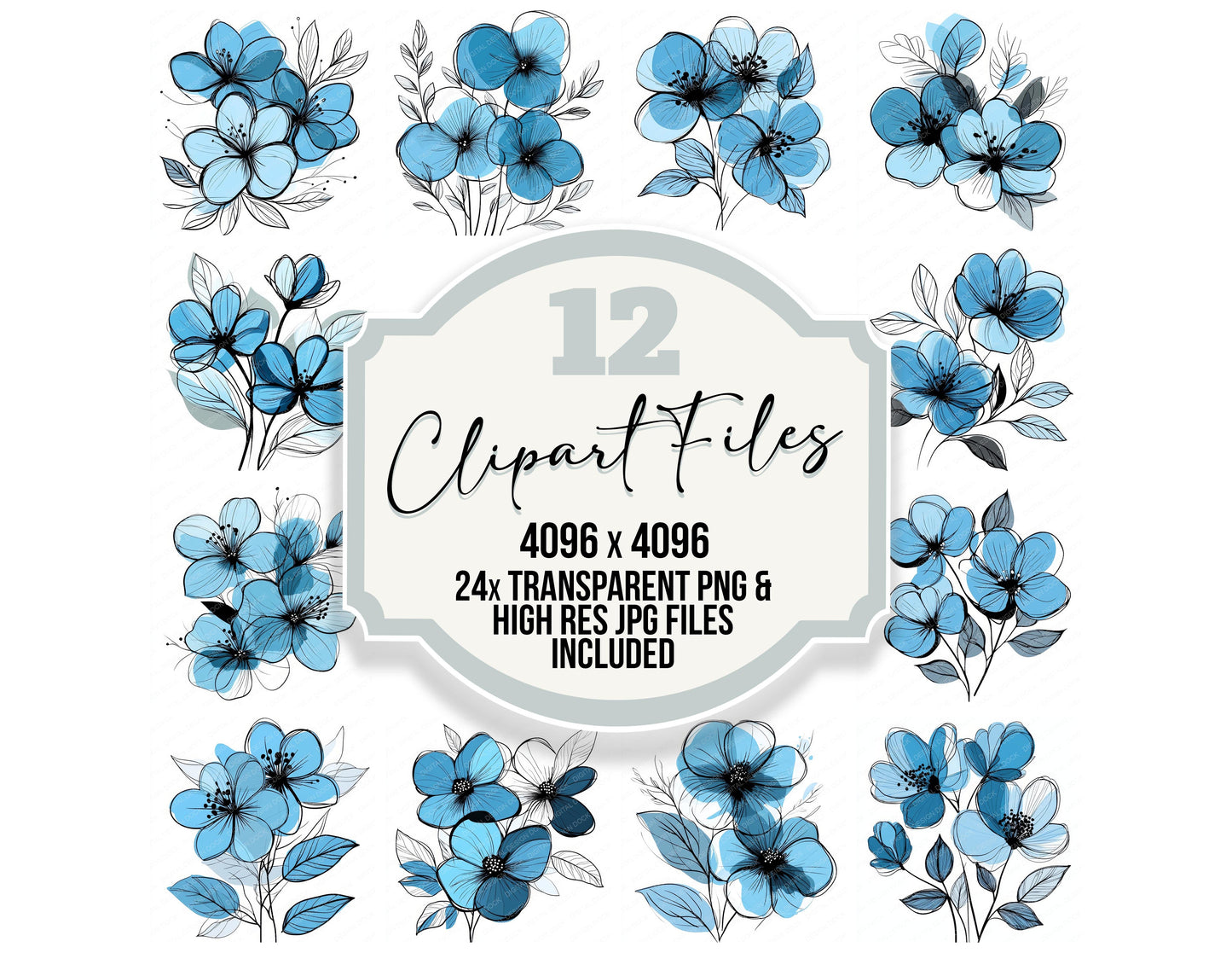 Ice Blue Abstract Flowers clipart set with transparent PNGs and high resolution JPGs for crafting and design projects