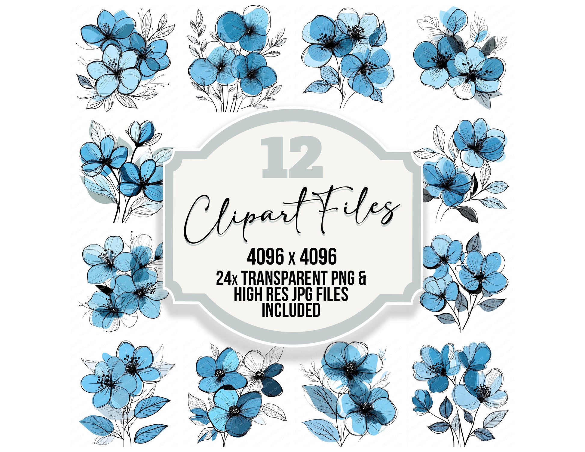 Ice Blue Abstract Flowers clipart set with transparent PNGs and high resolution JPGs for crafting and design projects