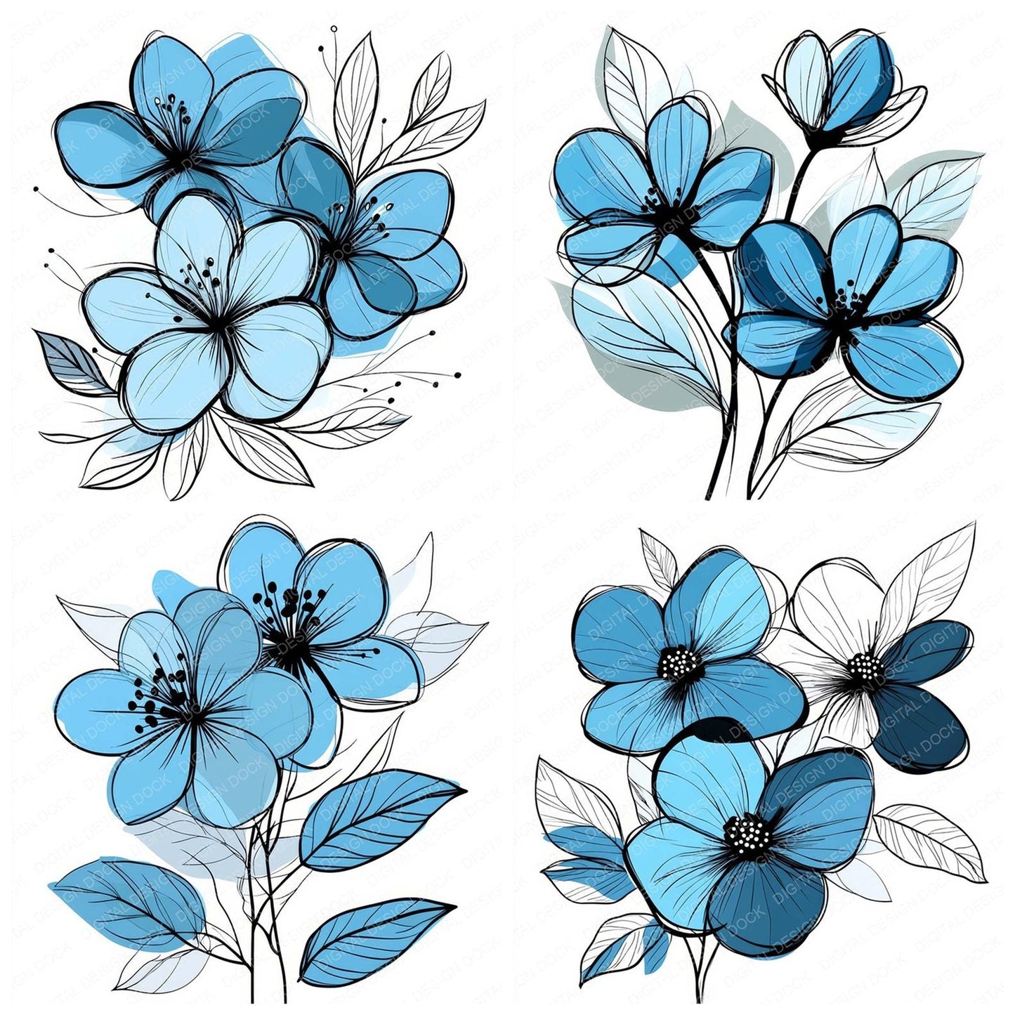 Ice Blue Abstract Flowers Clipart Set (DDD005855)