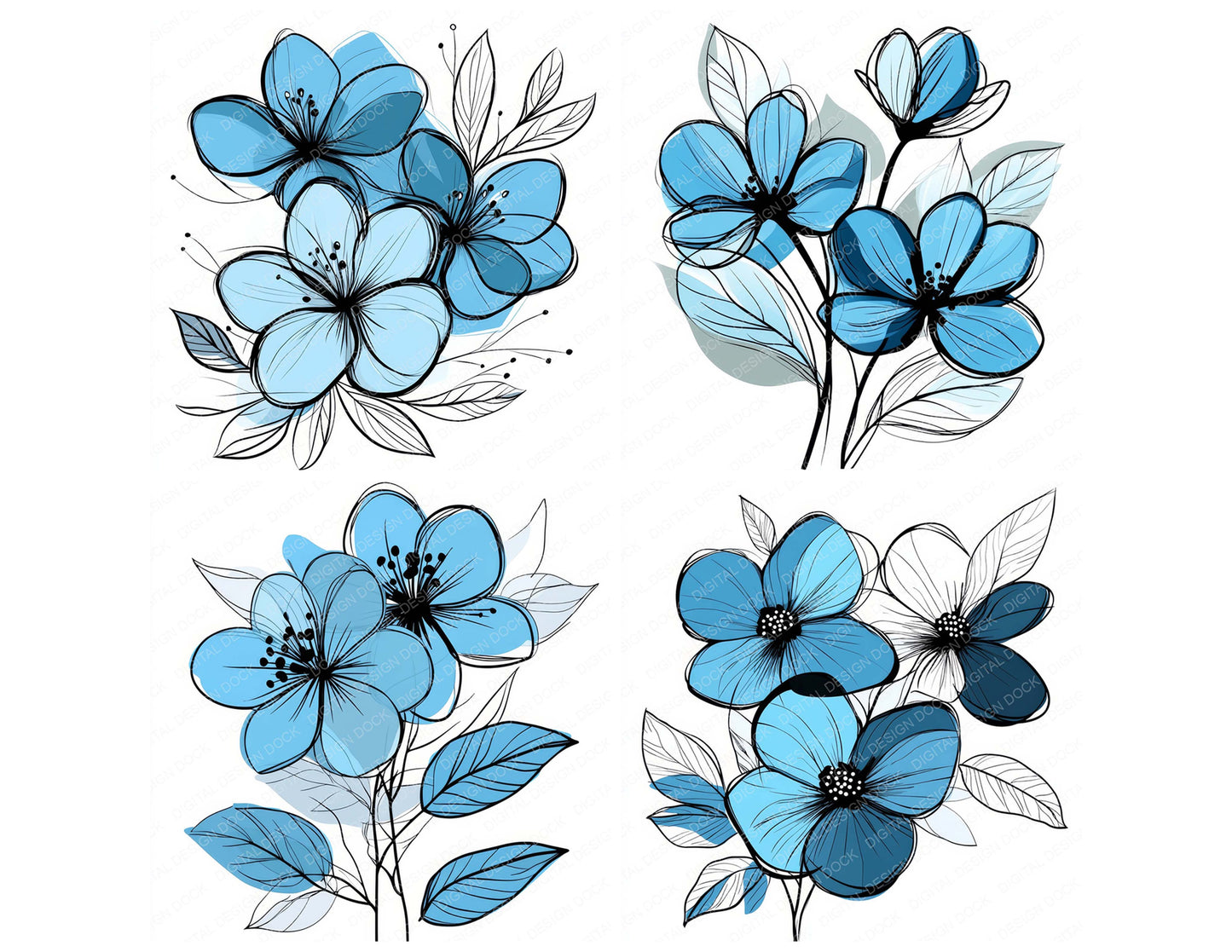 Preview layout showing Ice Blue Abstract Flowers clipart elements for scrapbooking, junk journals, and card making