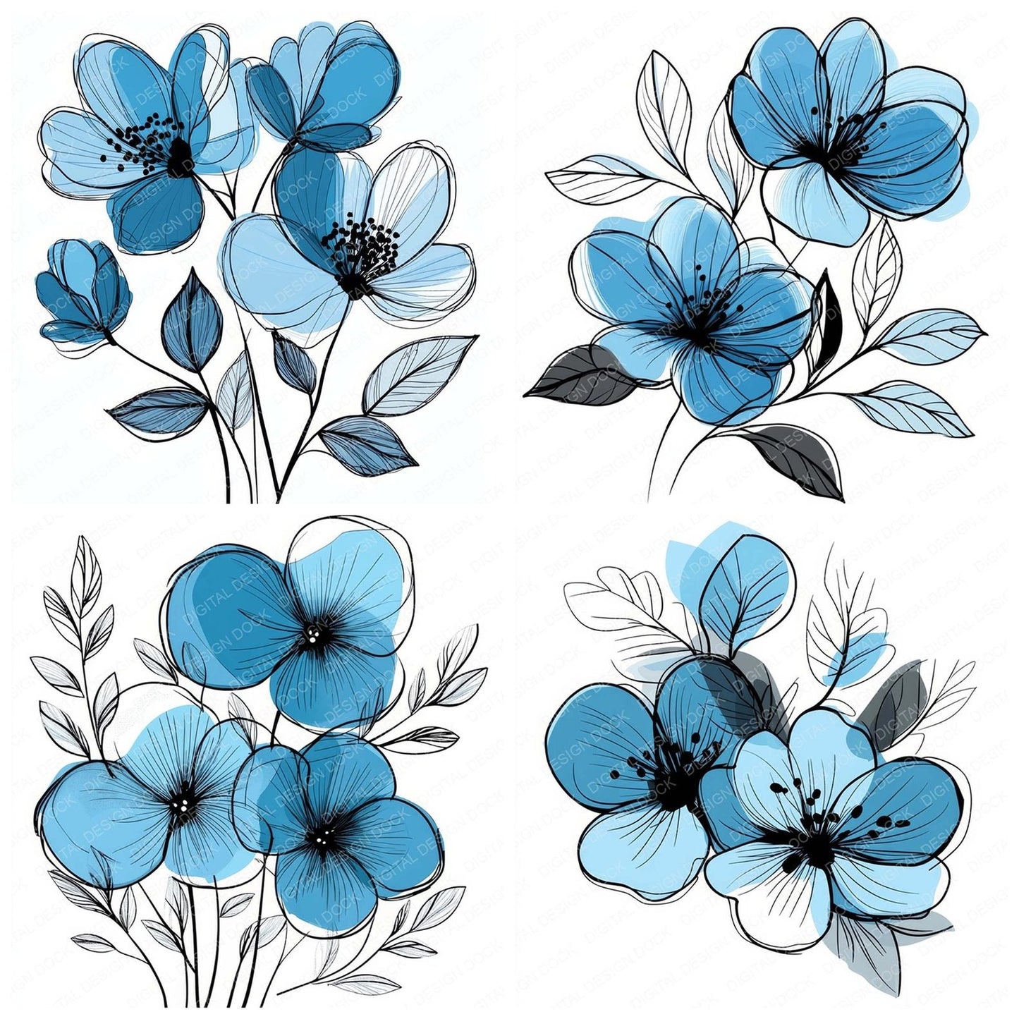 Ice Blue Abstract Flowers Clipart Set (DDD005855)