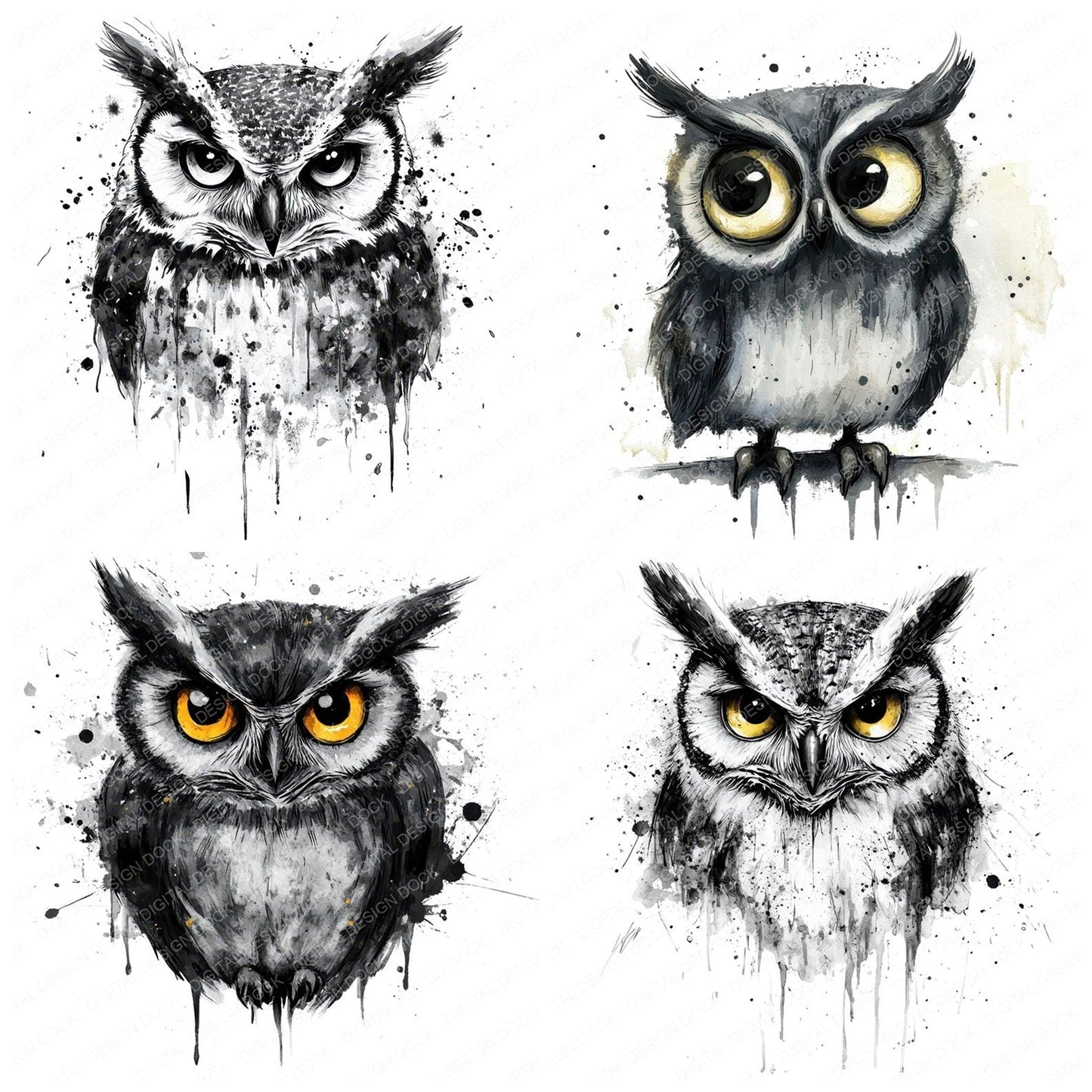 Ink-Washed Owl Sketch Clipart Set (DDD005879)