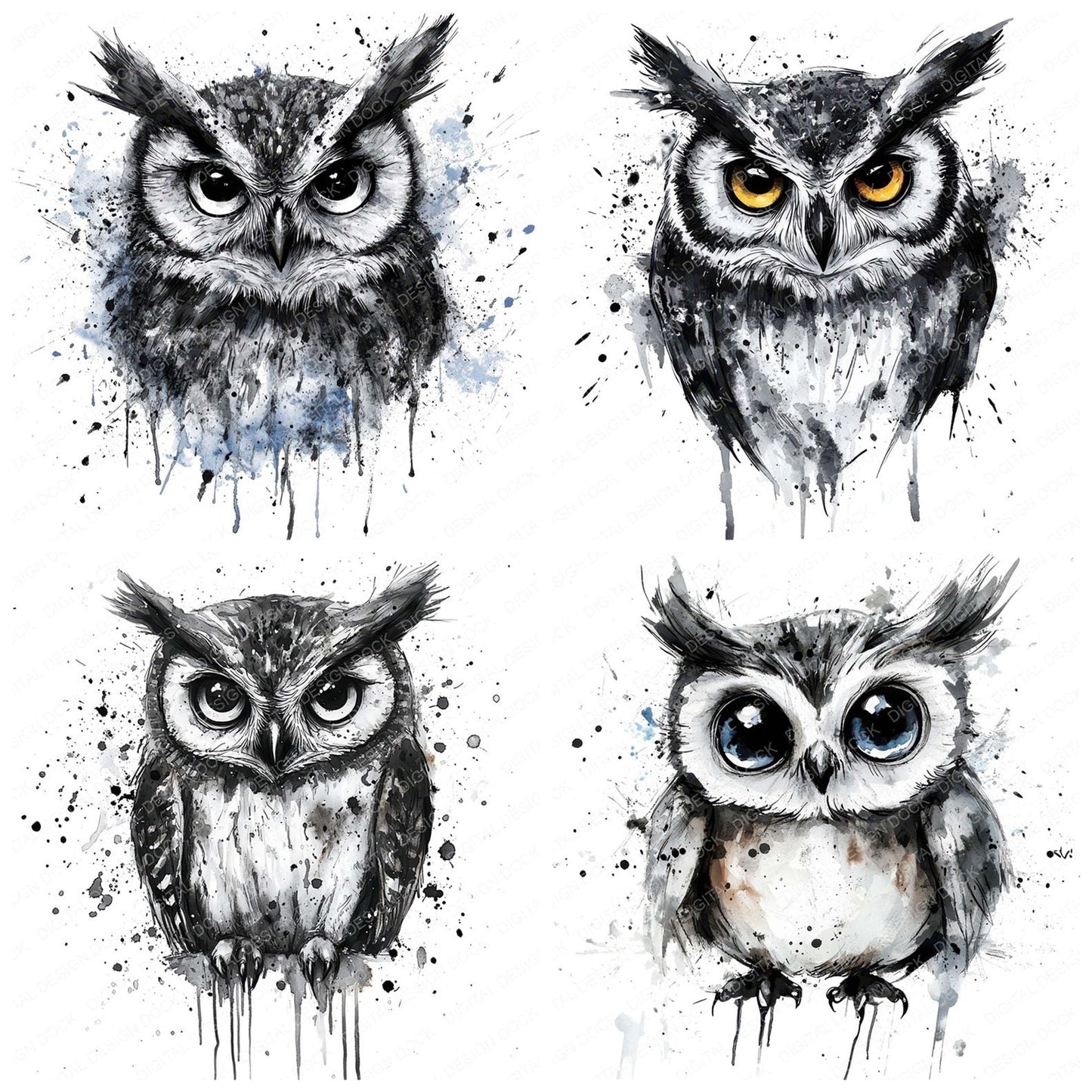Ink-Washed Owl Sketch Clipart Set (DDD005879)