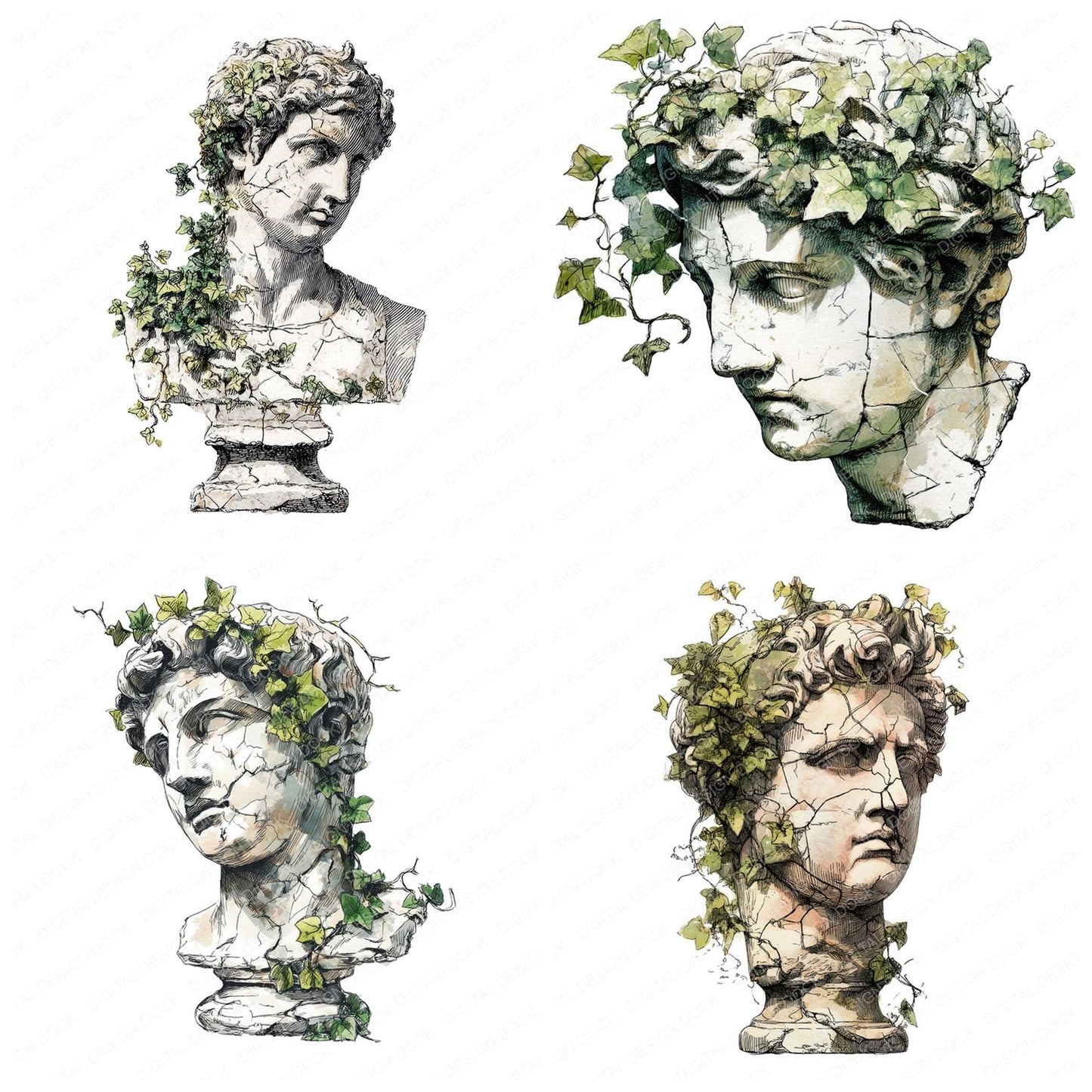 Ivy Covered Marble Bust Clipart Set (DDD005885)