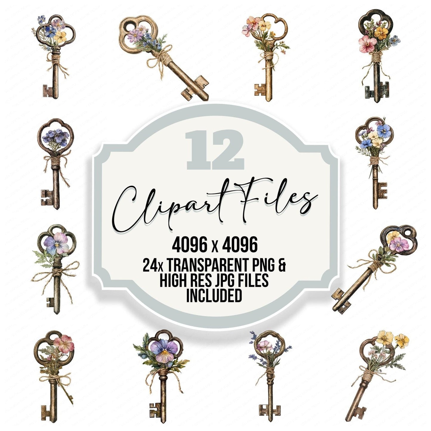 Key with Pressed Flower Clipart Set (DDD005914)
