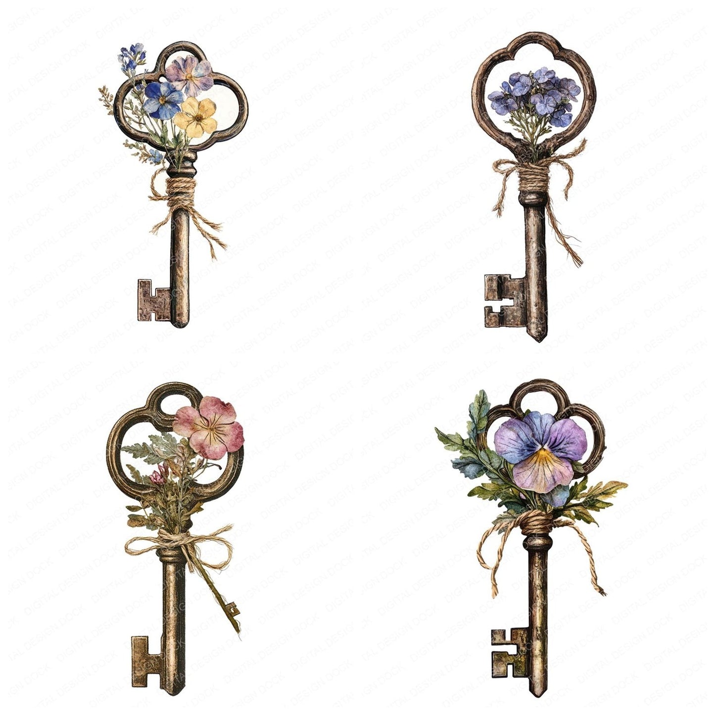 Key with Pressed Flower Clipart Set (DDD005914)