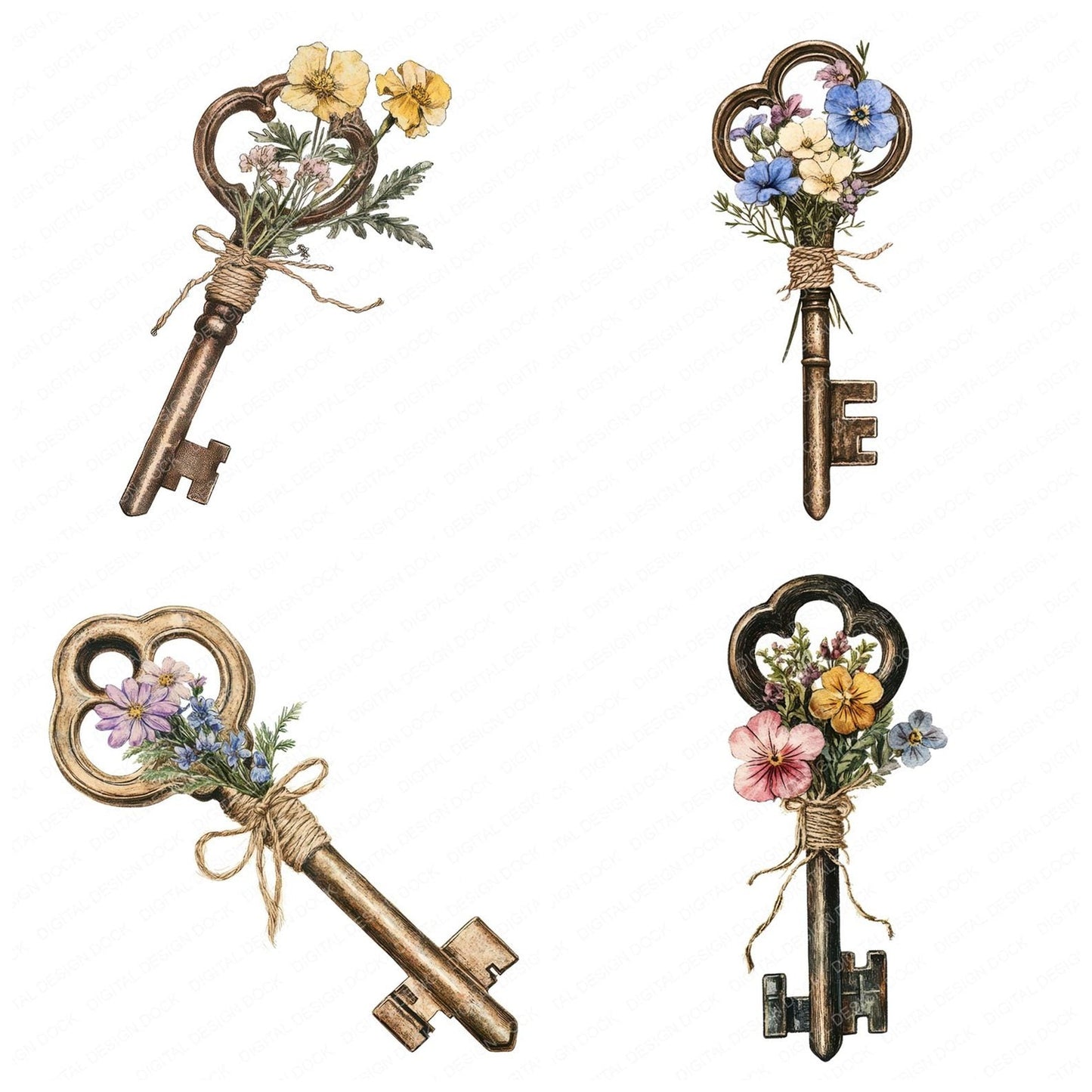 Key with Pressed Flower Clipart Set (DDD005914)