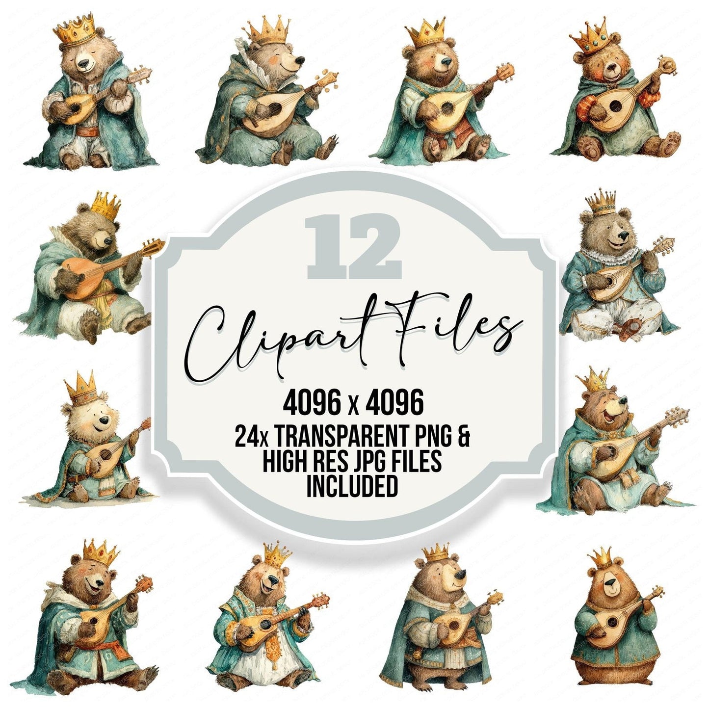 King Bear Playing Lute Clipart Set (DDD005917)