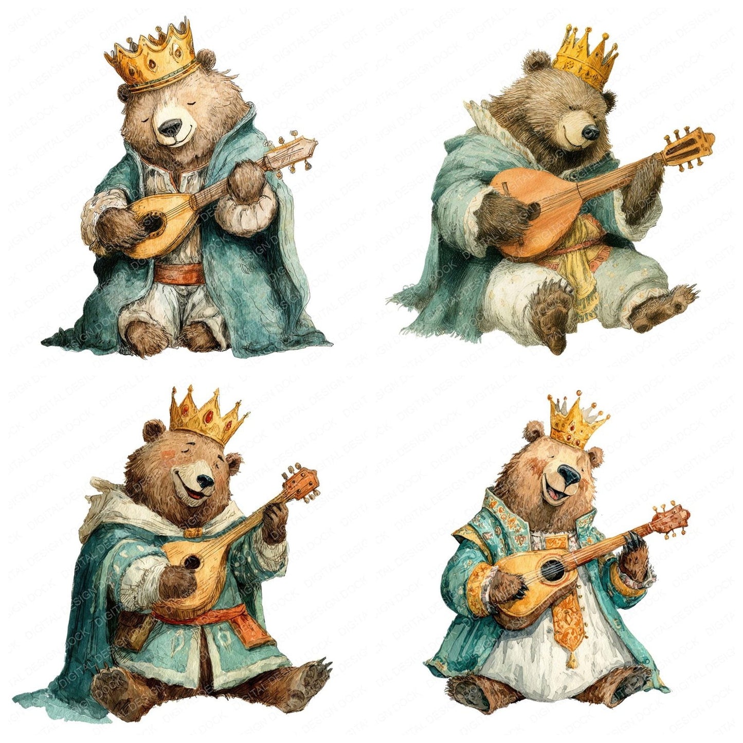 King Bear Playing Lute Clipart Set (DDD005917)