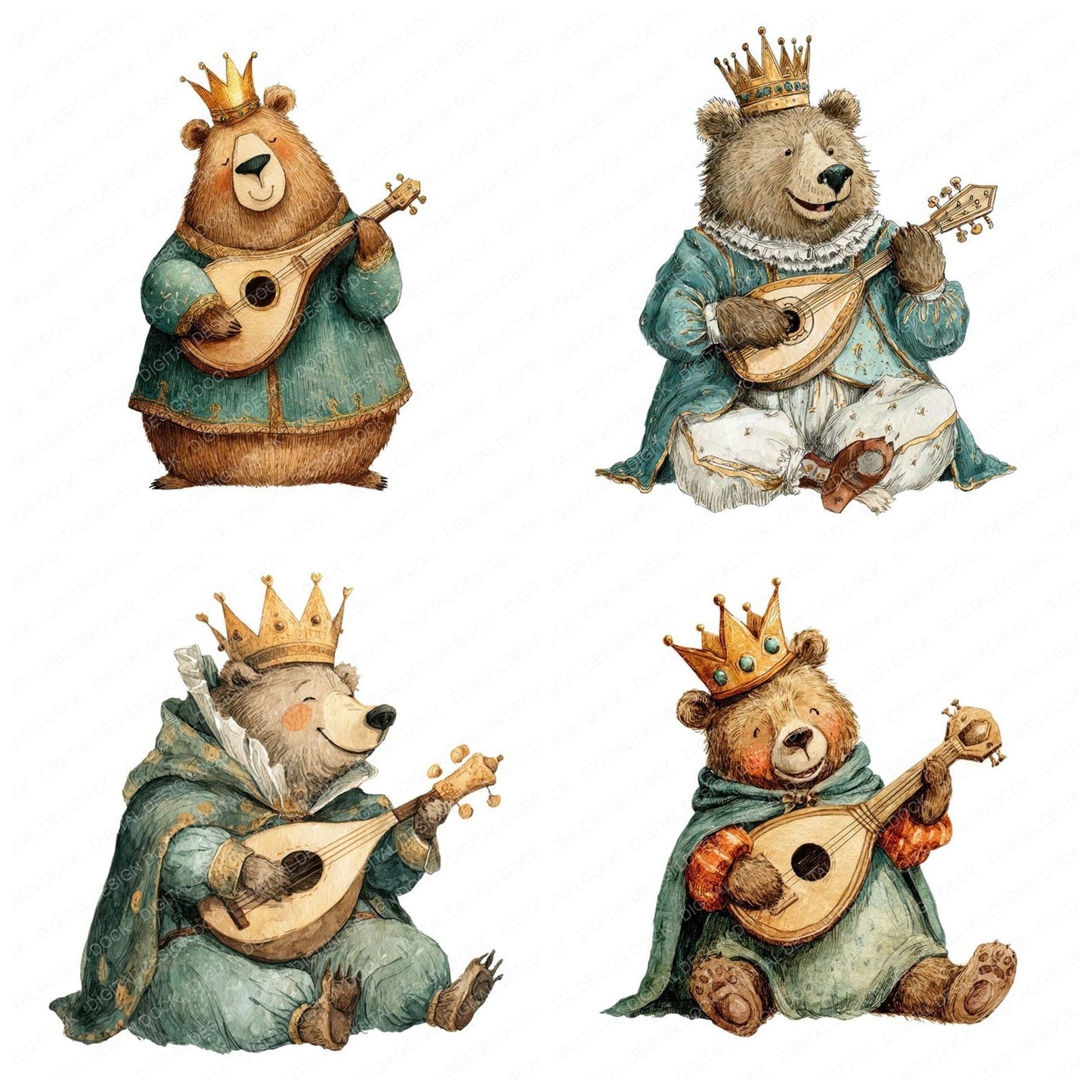 King Bear Playing Lute Clipart Set (DDD005917)