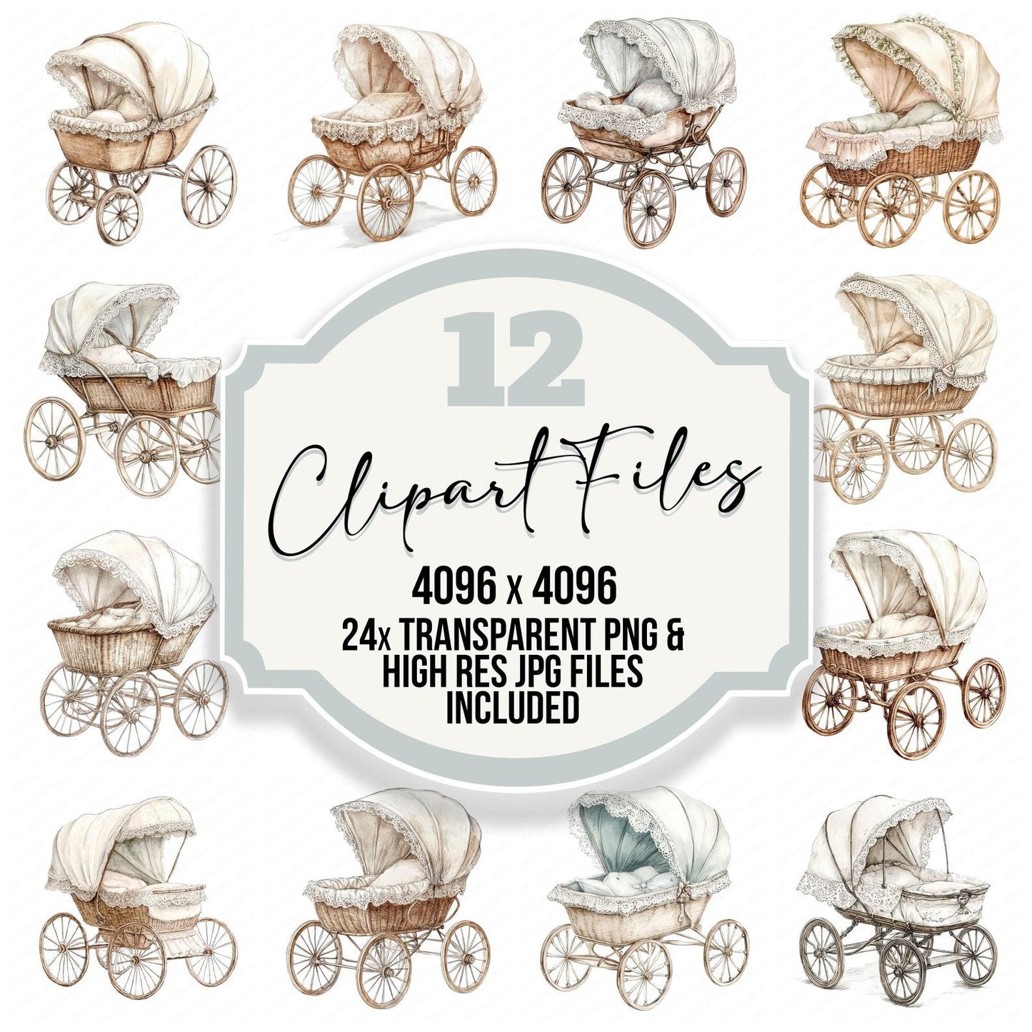 Lace Canopy Baby Pram Clipart Set (DDD005937)