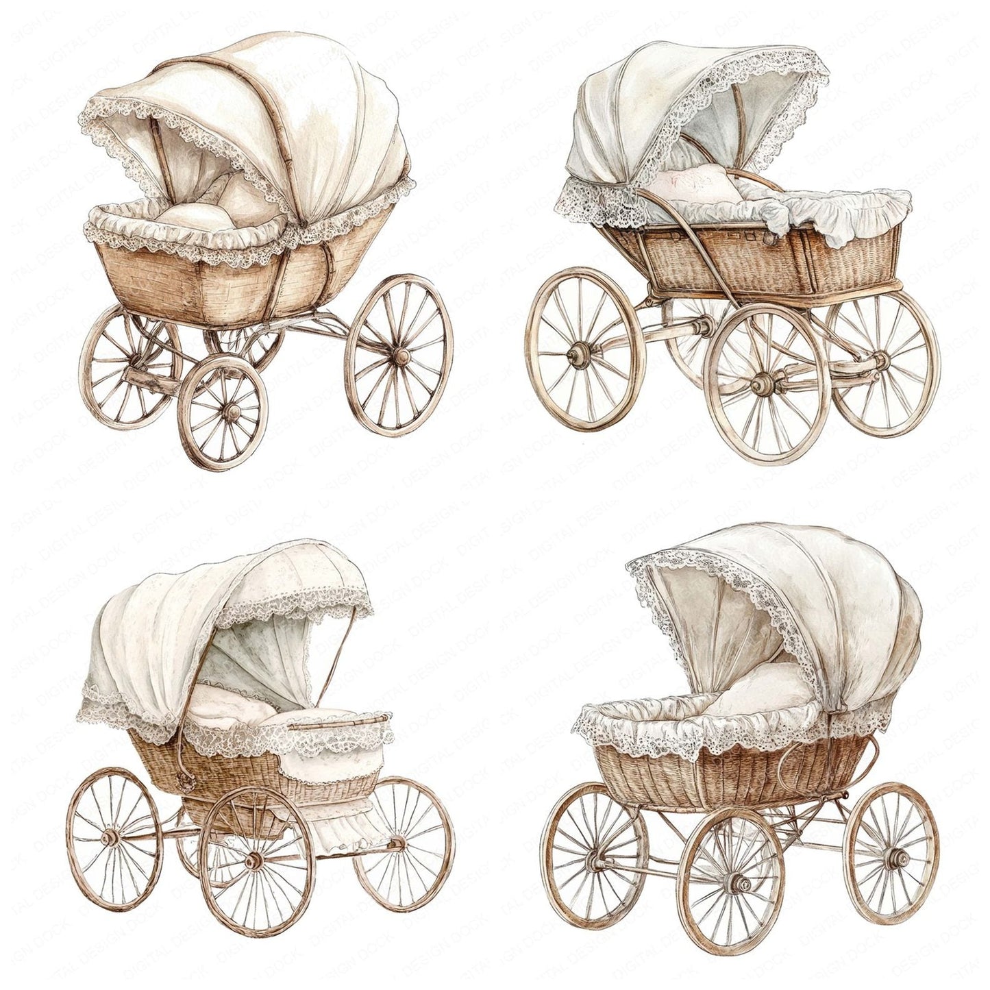 Lace Canopy Baby Pram Clipart Set (DDD005937)