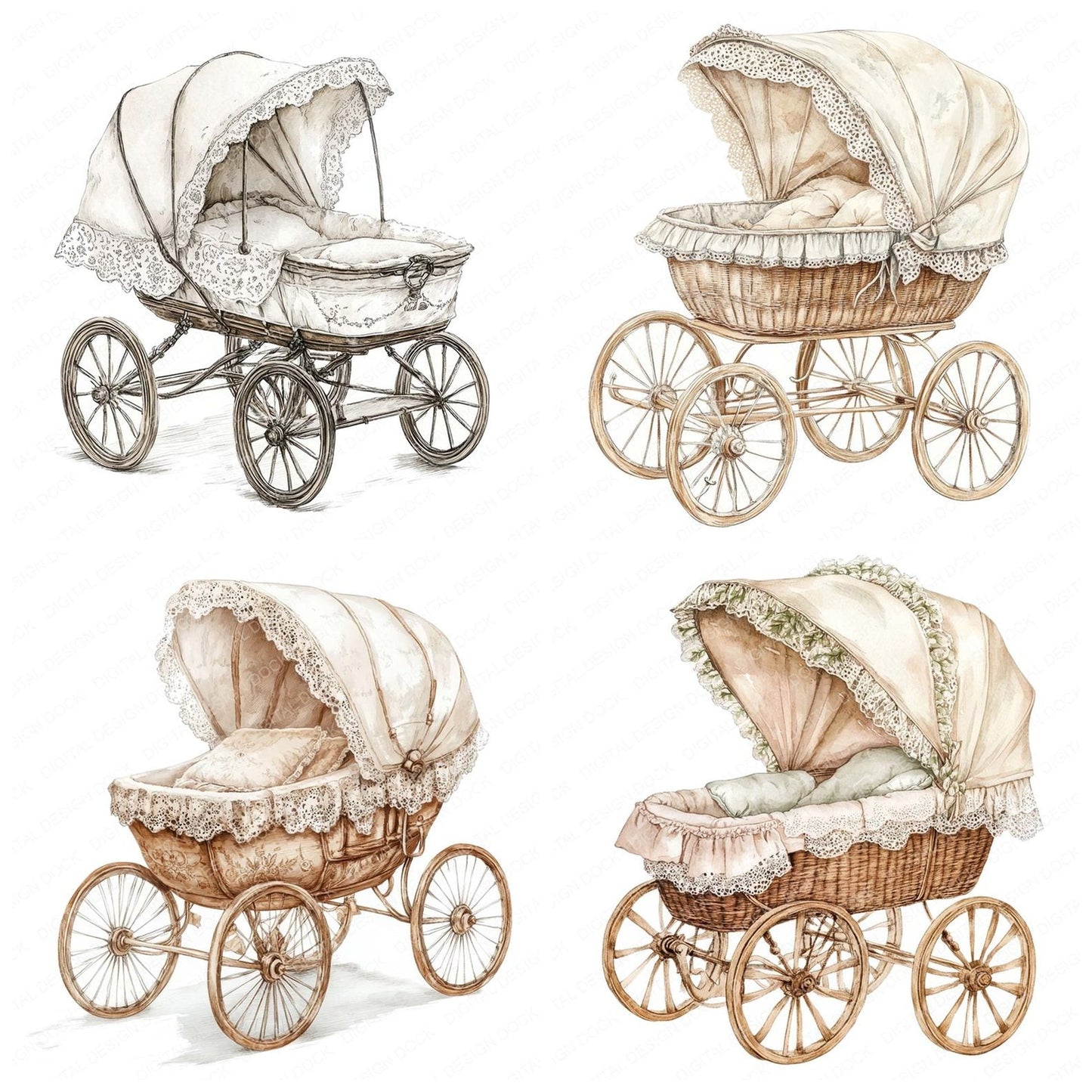 Lace Canopy Baby Pram Clipart Set (DDD005937)