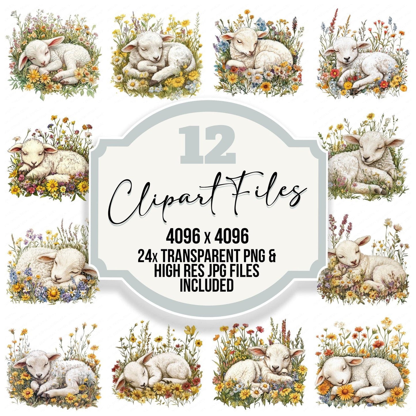 Lamb Sleeping in Wildflowers Clipart Set (DDD005944)
