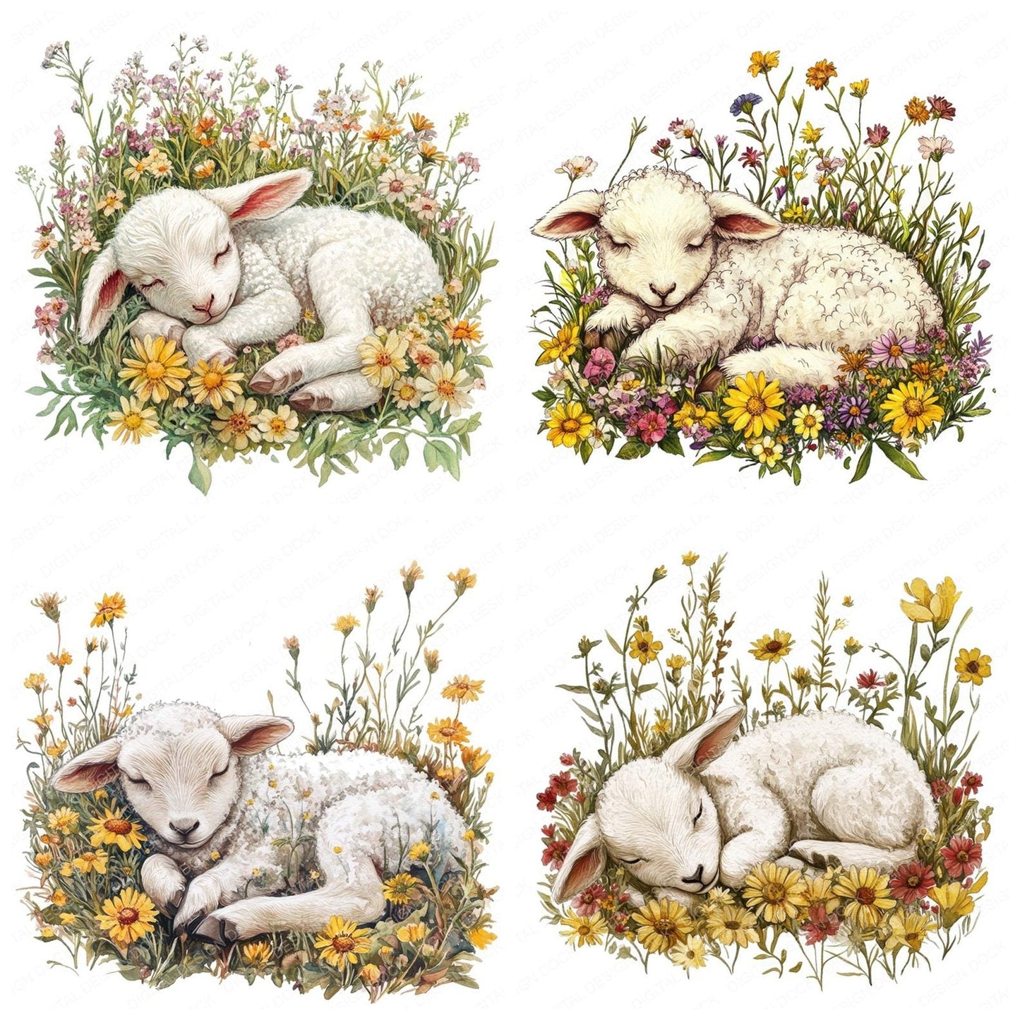 Lamb Sleeping in Wildflowers Clipart Set (DDD005944)