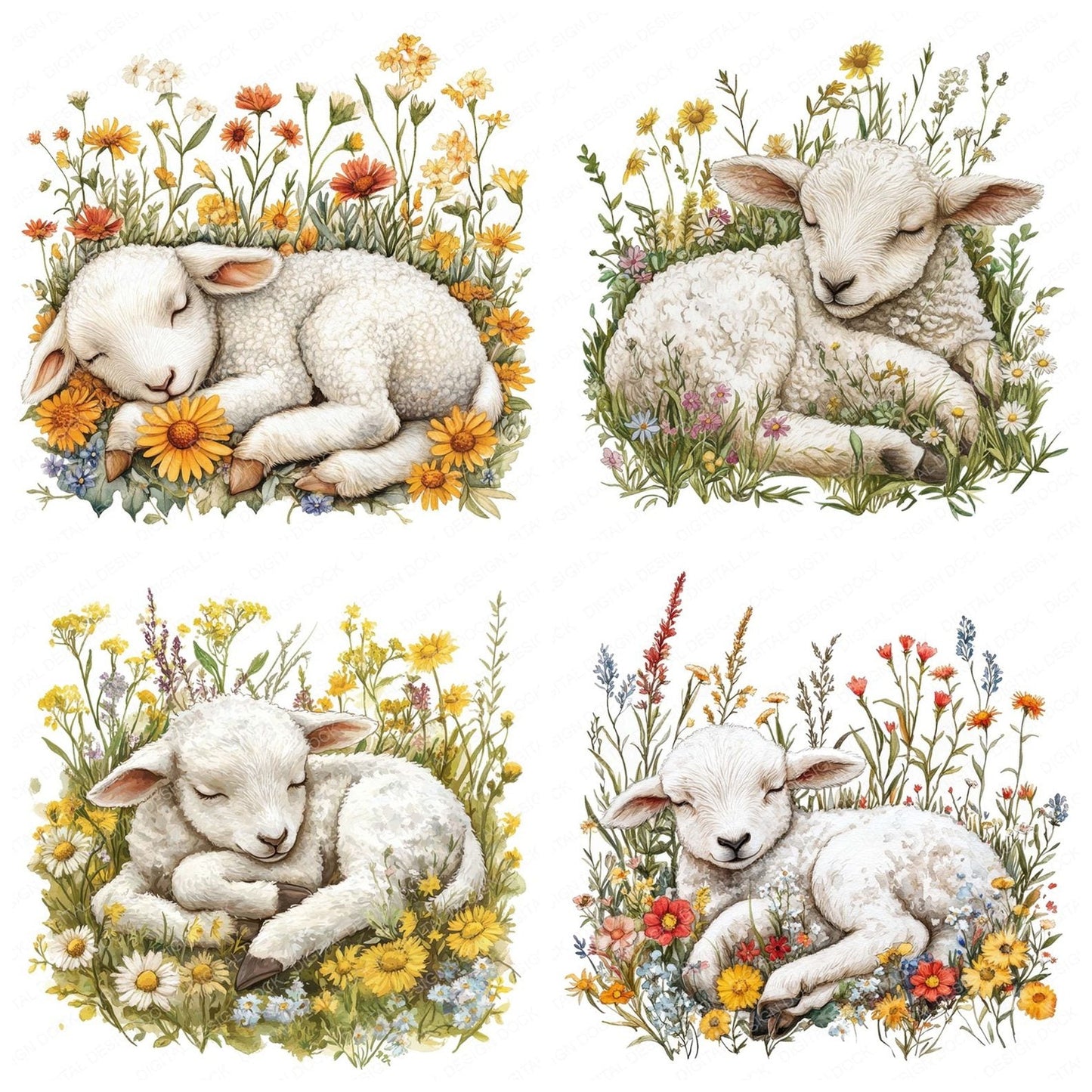 Lamb Sleeping in Wildflowers Clipart Set (DDD005944)