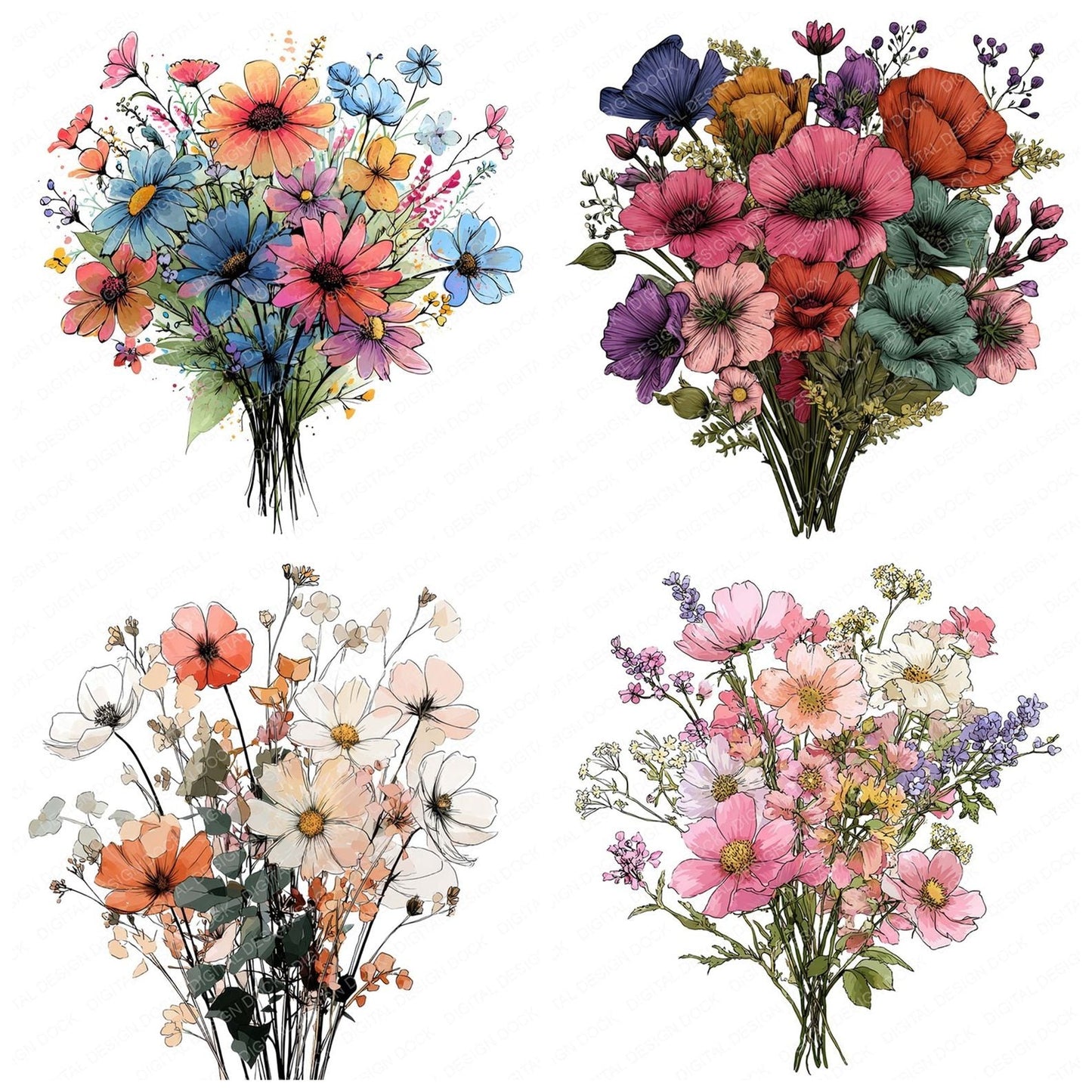 Large Cartoon Wildflower Bouquet Clipart Set (DDD005947)
