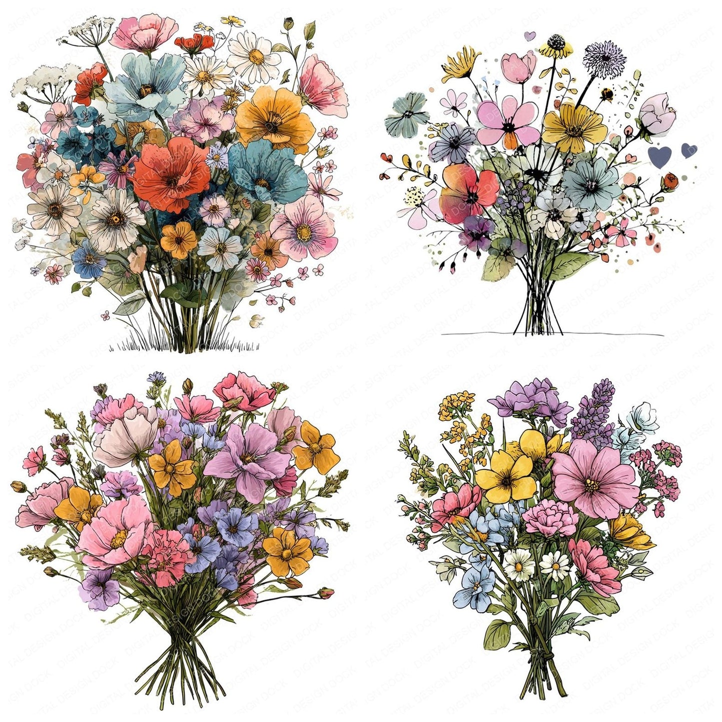 Large Cartoon Wildflower Bouquet Clipart Set (DDD005947)