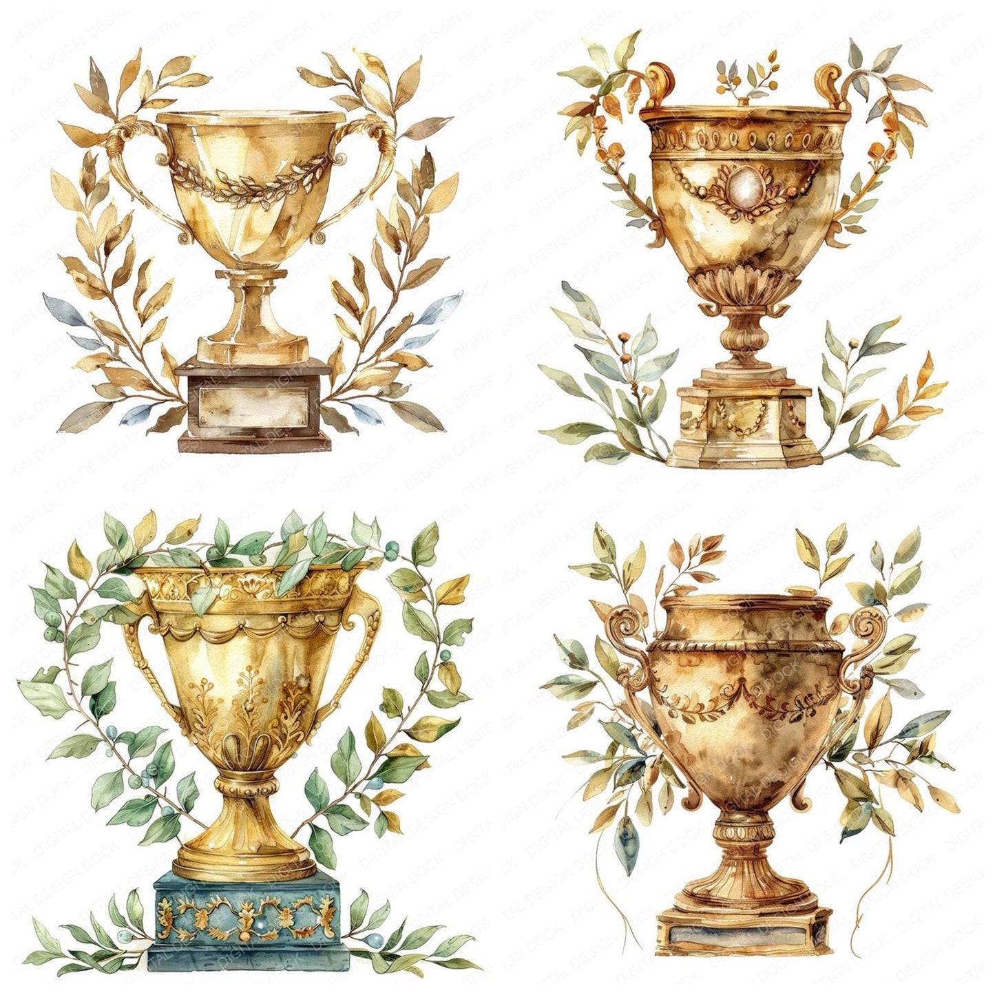 Laurel Wreath Gold Trophy Clipart Set (DDD005949)
