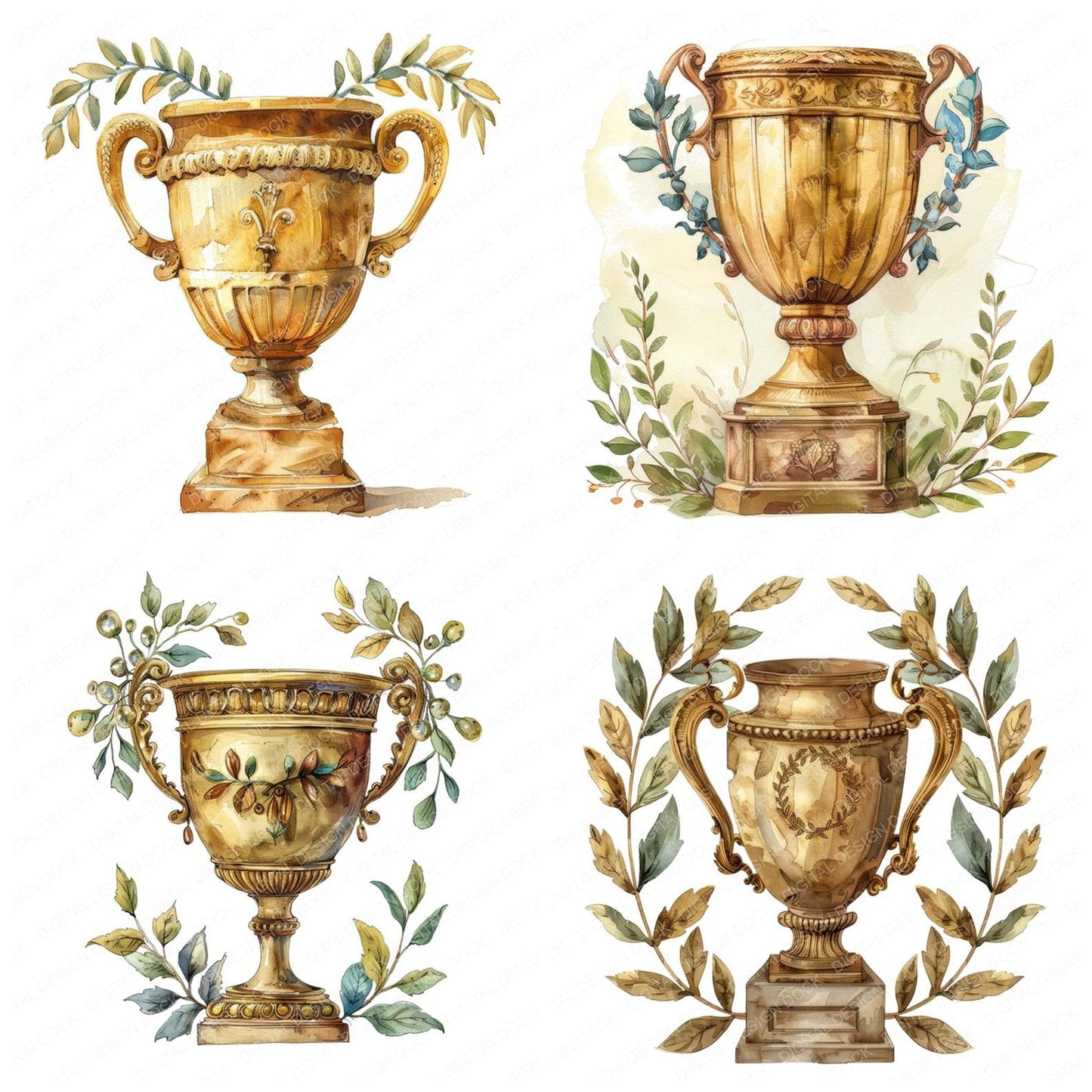 Laurel Wreath Gold Trophy Clipart Set (DDD005949)
