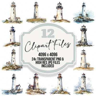 Lighthouse Scene Vintage clipart set cover showing the designs and file details
