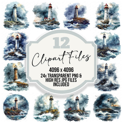 Lighthouse Stormy Night clipart set cover showing the designs and file details