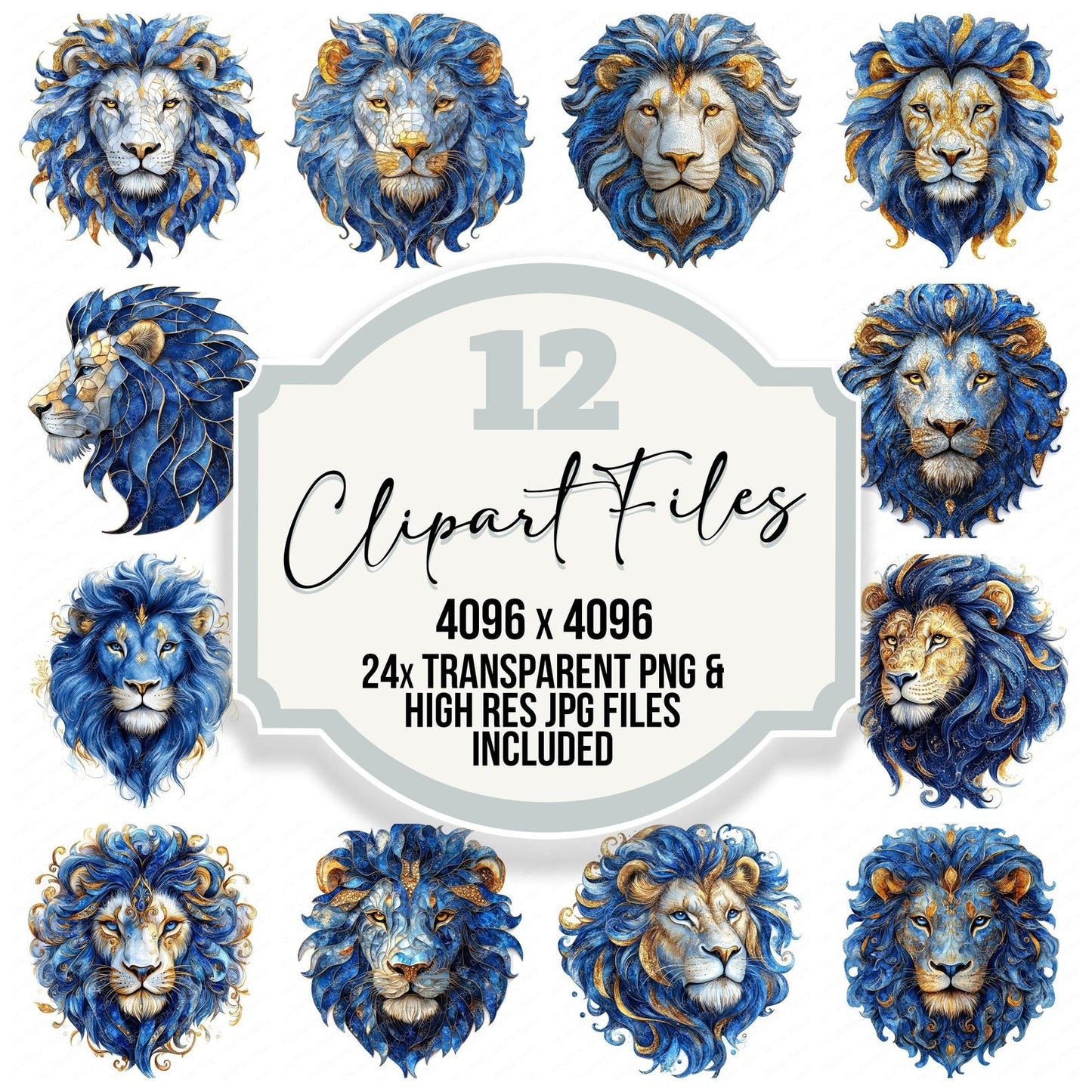 Lion Head Baroque Blue and Gold Clipart Set (DDD005976)