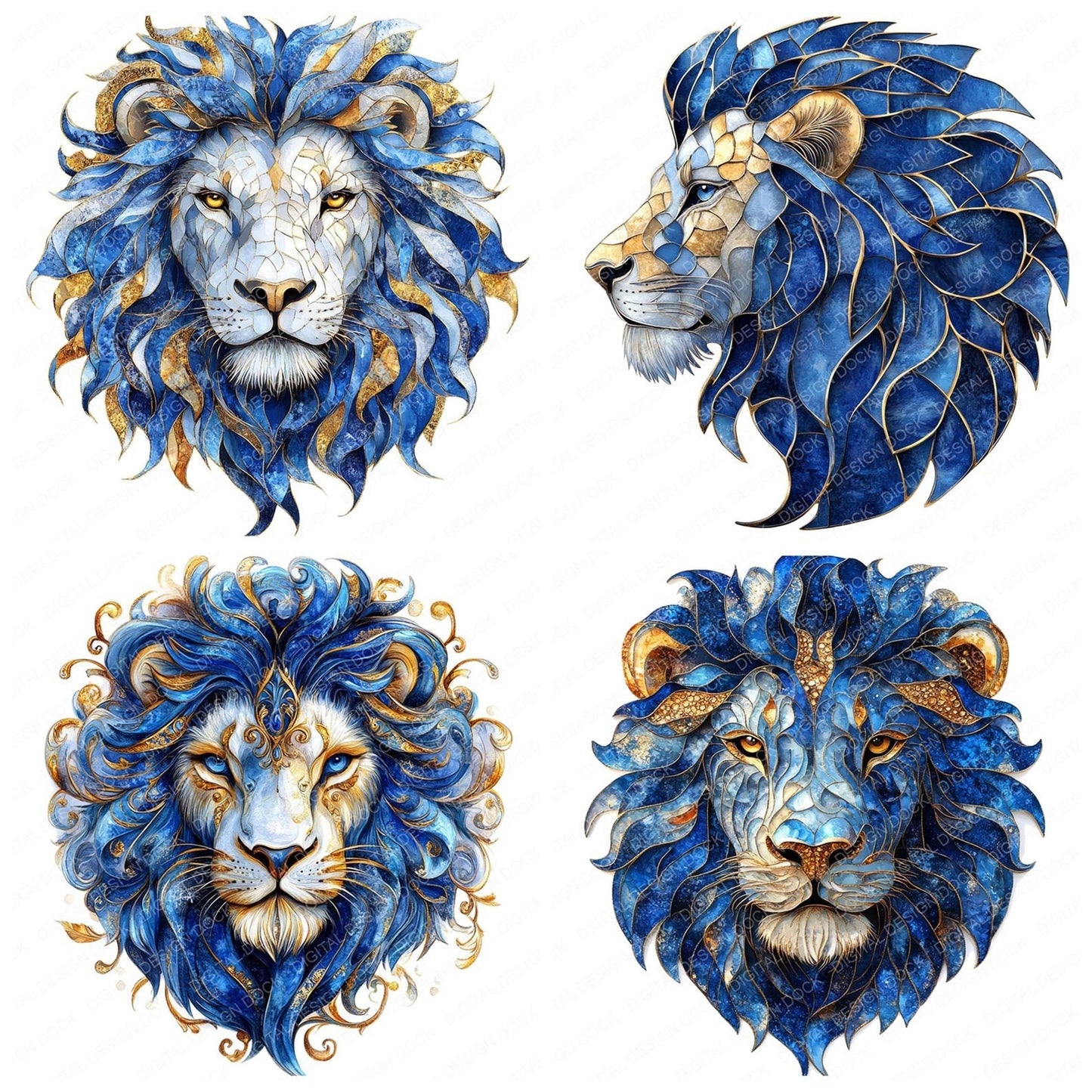 Lion Head Baroque Blue and Gold Clipart Set (DDD005976)