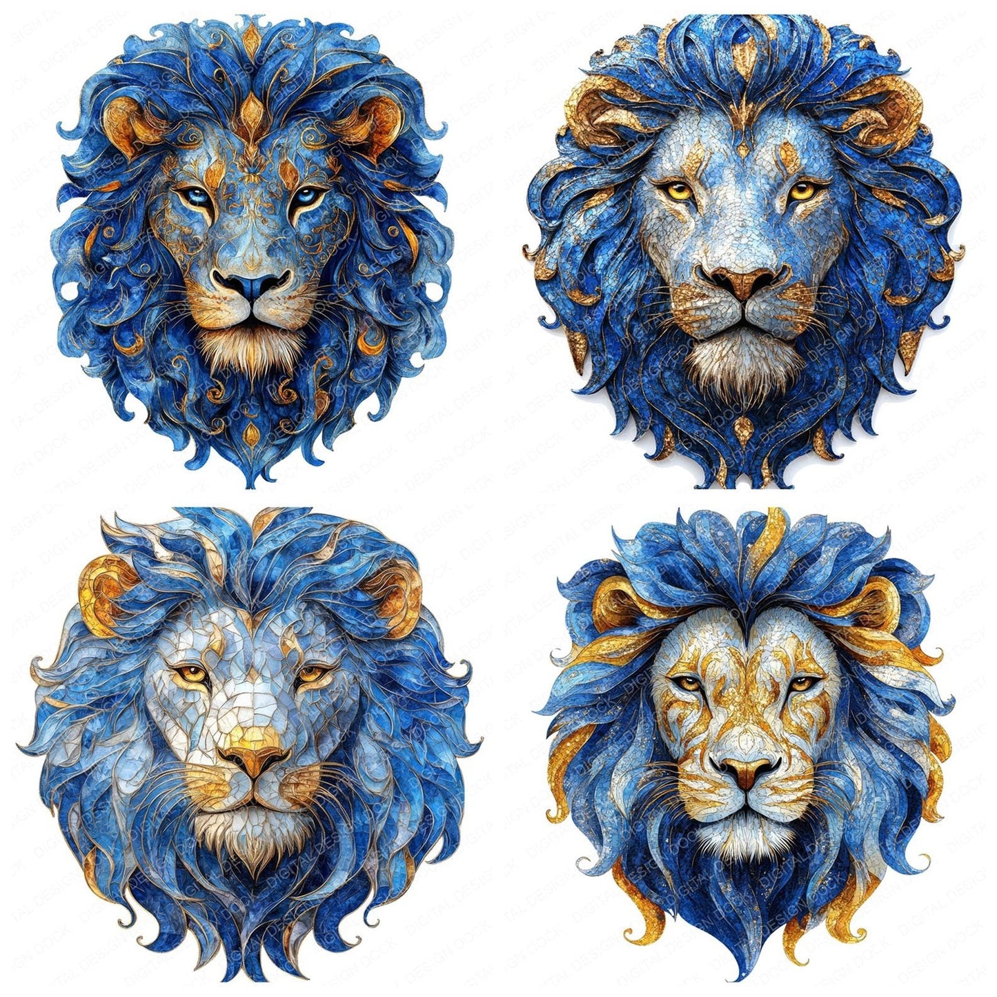 Lion Head Baroque Blue and Gold Clipart Set (DDD005976)