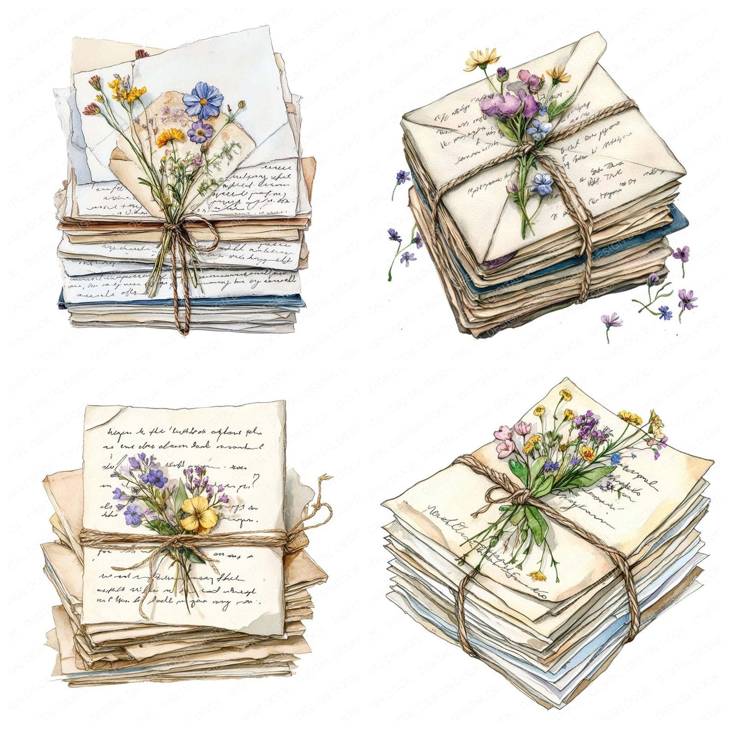 Love Letters with Pressed Flowers Clipart Set (DDD005990)
