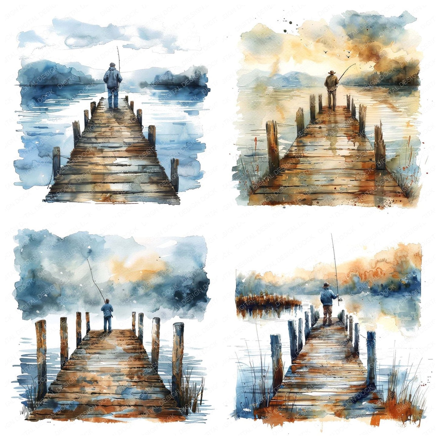 Man Fishing off Wooden Dock Clipart Set (DDD006012)