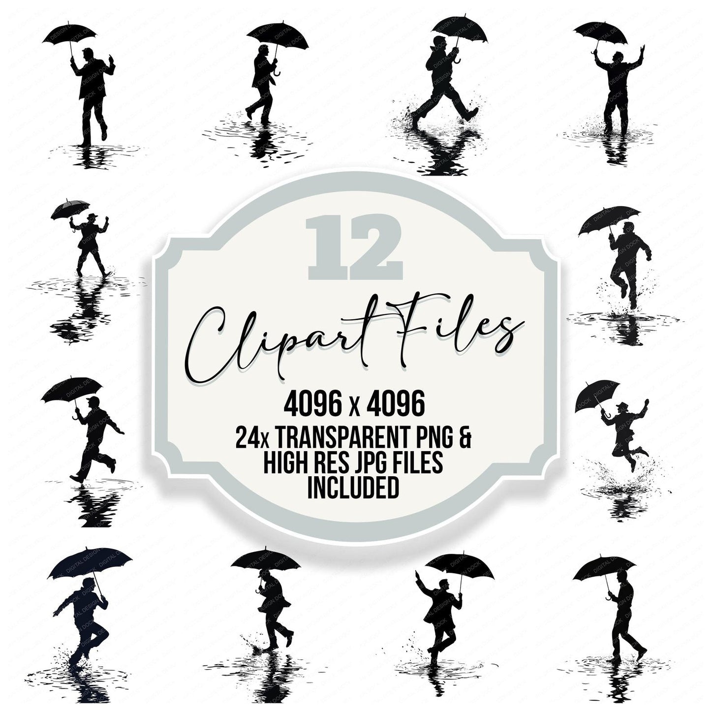 Man Silhouette Dancing in Rain Clipart Set (DDD006014)