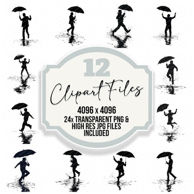 Man Silhouette Dancing in Rain clipart set cover showing the designs and file details
