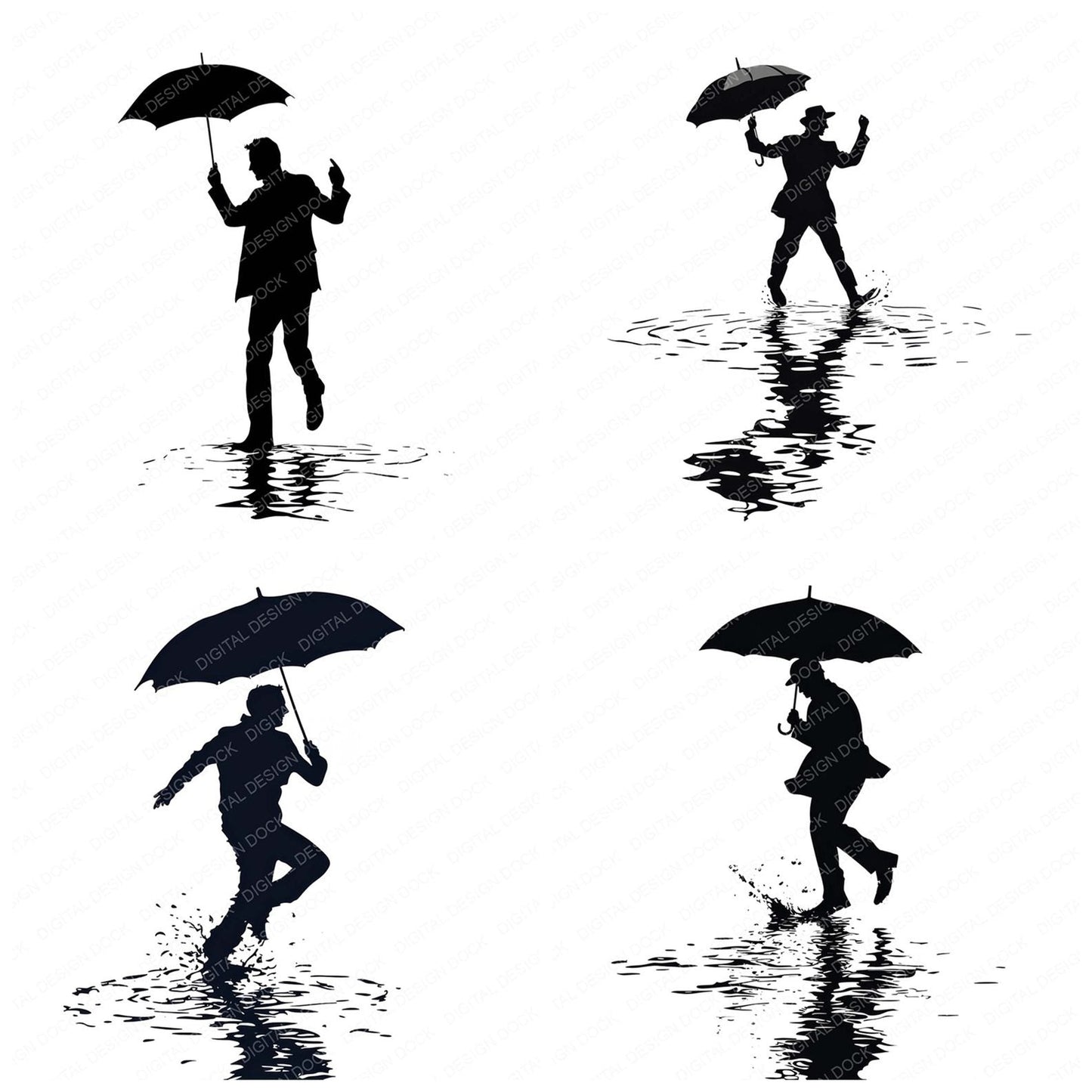 Man Silhouette Dancing in Rain Clipart Set (DDD006014)
