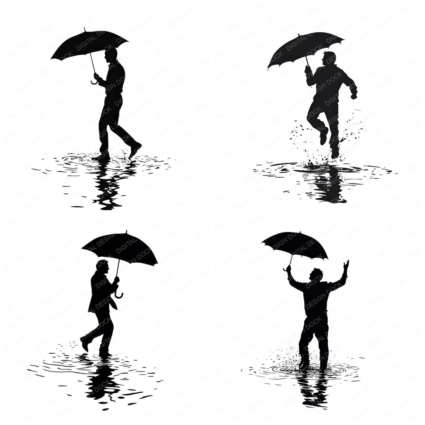 Man Silhouette Dancing in Rain Clipart Set (DDD006014)