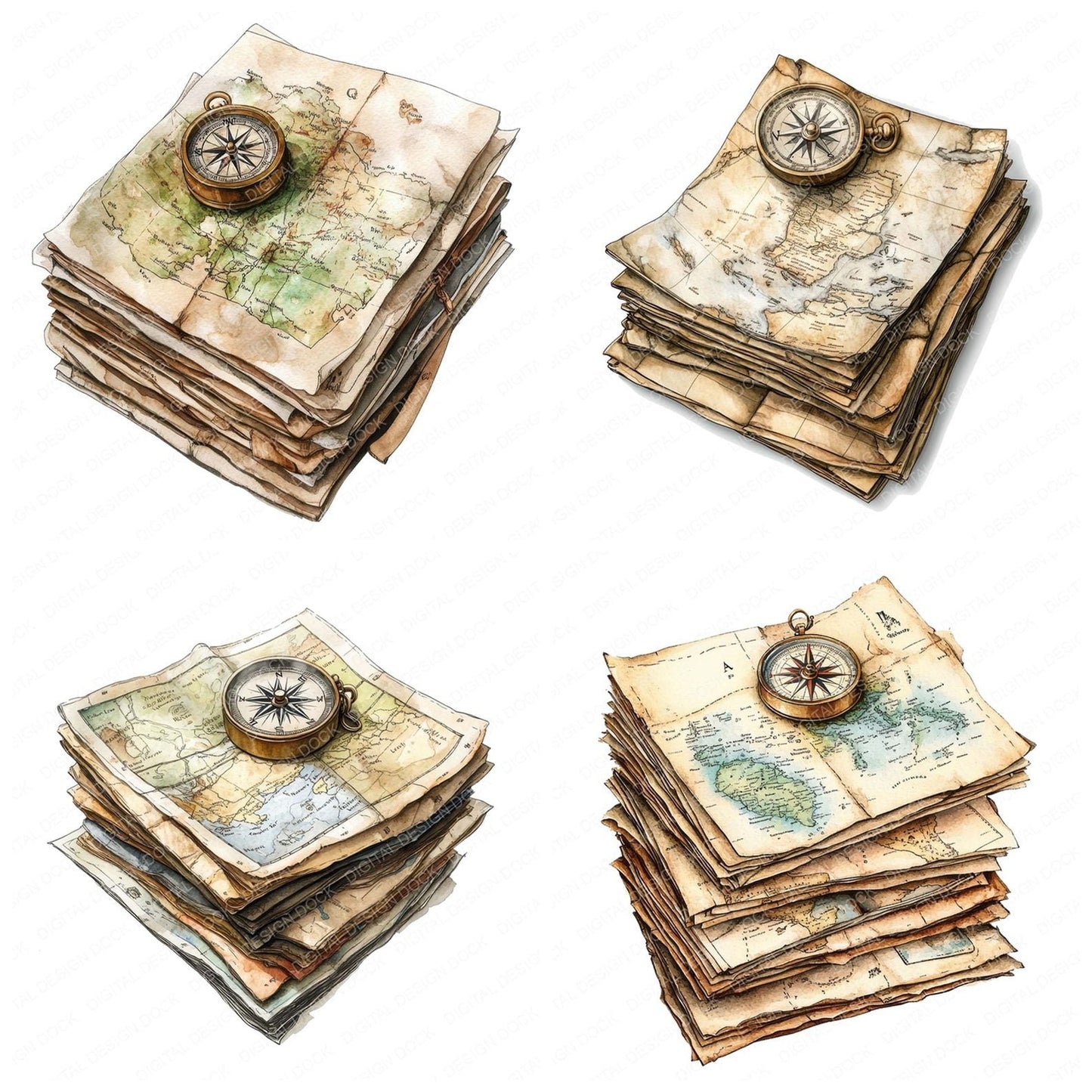 Maps and Compass Stack Clipart Set (DDD006018)