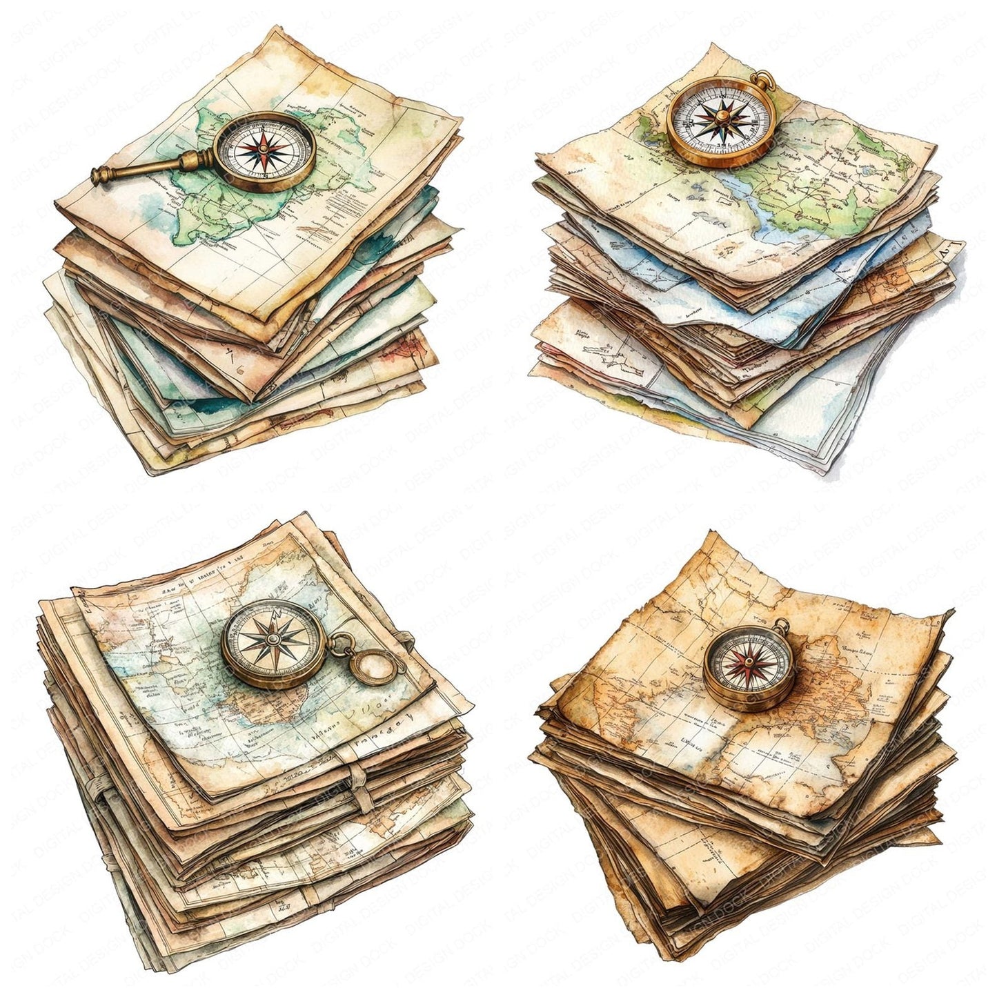 Maps and Compass Stack Clipart Set (DDD006018)