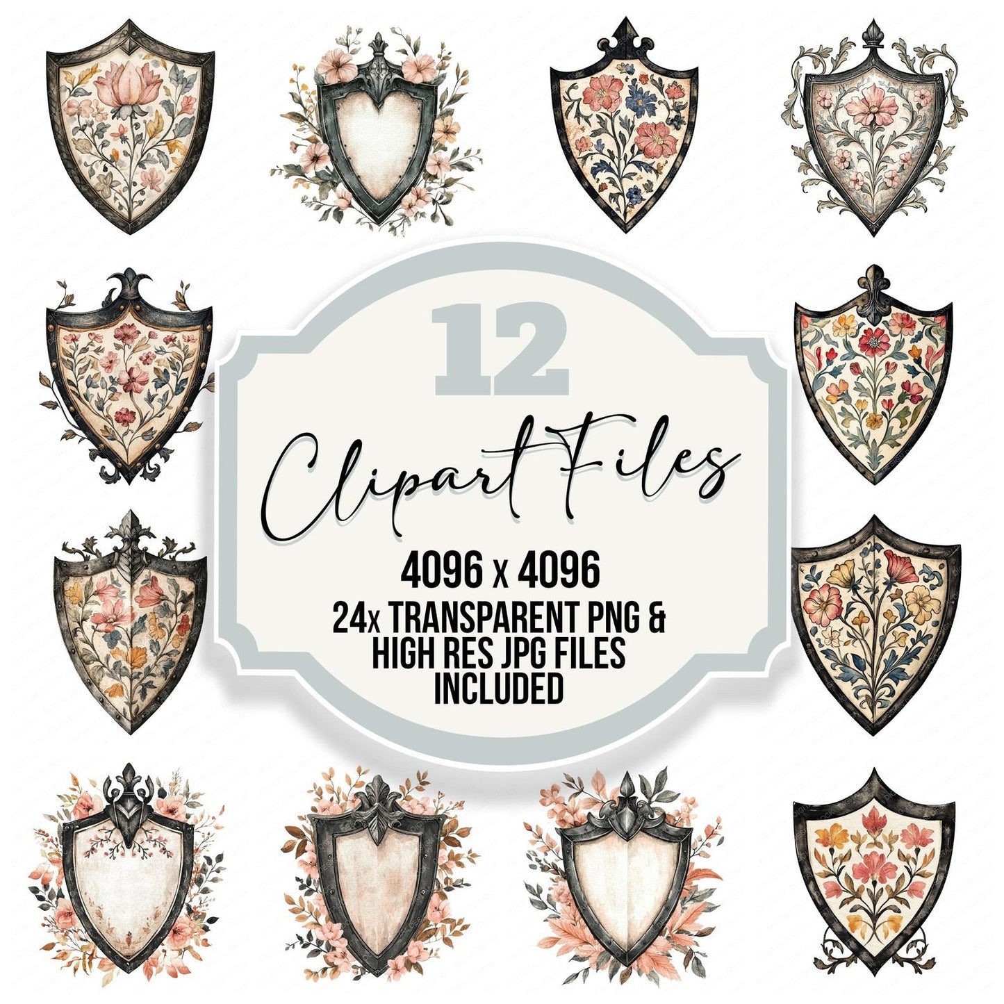 Medieval Floral Shield Clipart Set (DDD006034)