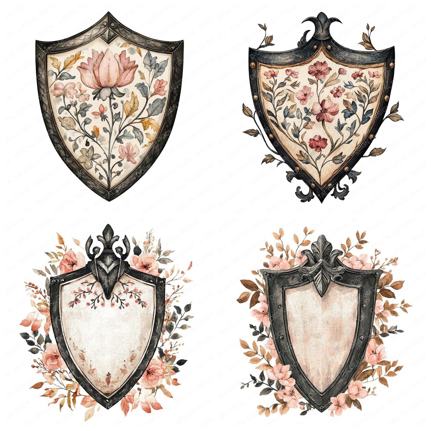 Medieval Floral Shield Clipart Set (DDD006034)