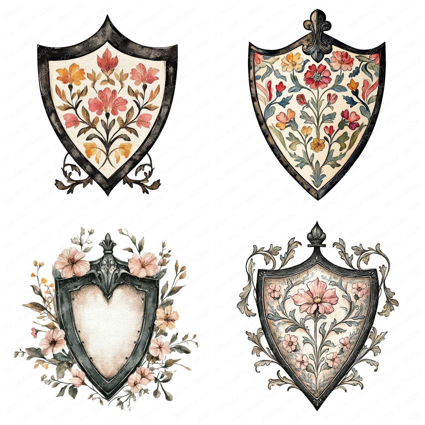Medieval Floral Shield Clipart Set (DDD006034)