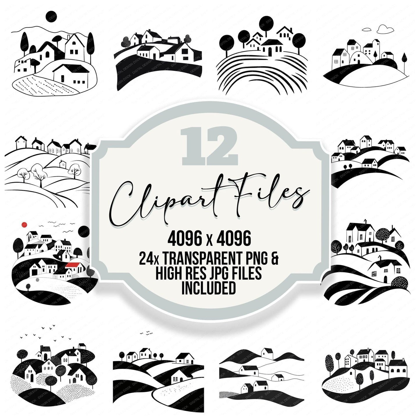 Minimal Abstract Countryside Village Clipart Set (DDD006054)
